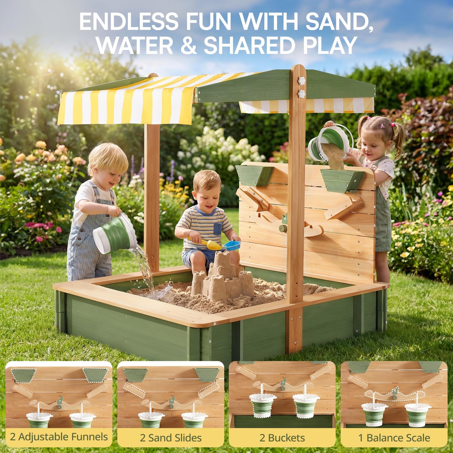 ROBOTIME Kids Wooden Sandbox with Canopy, Cover & Sand Play Accessories
