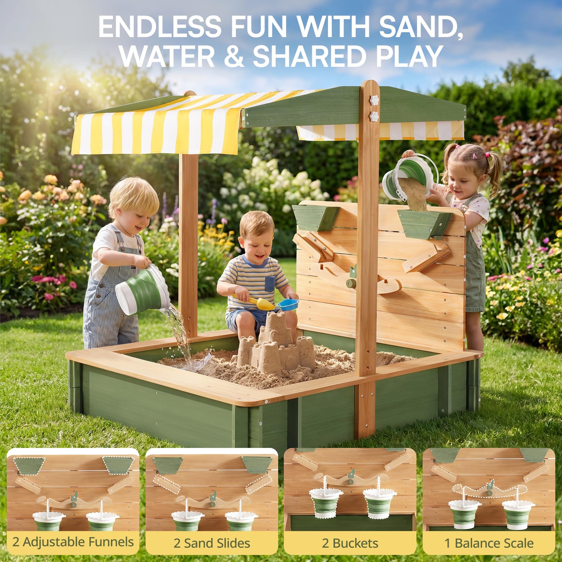 ROBOTIME Kids Wooden Sandbox with Canopy, Cover & Sand Play Accessories