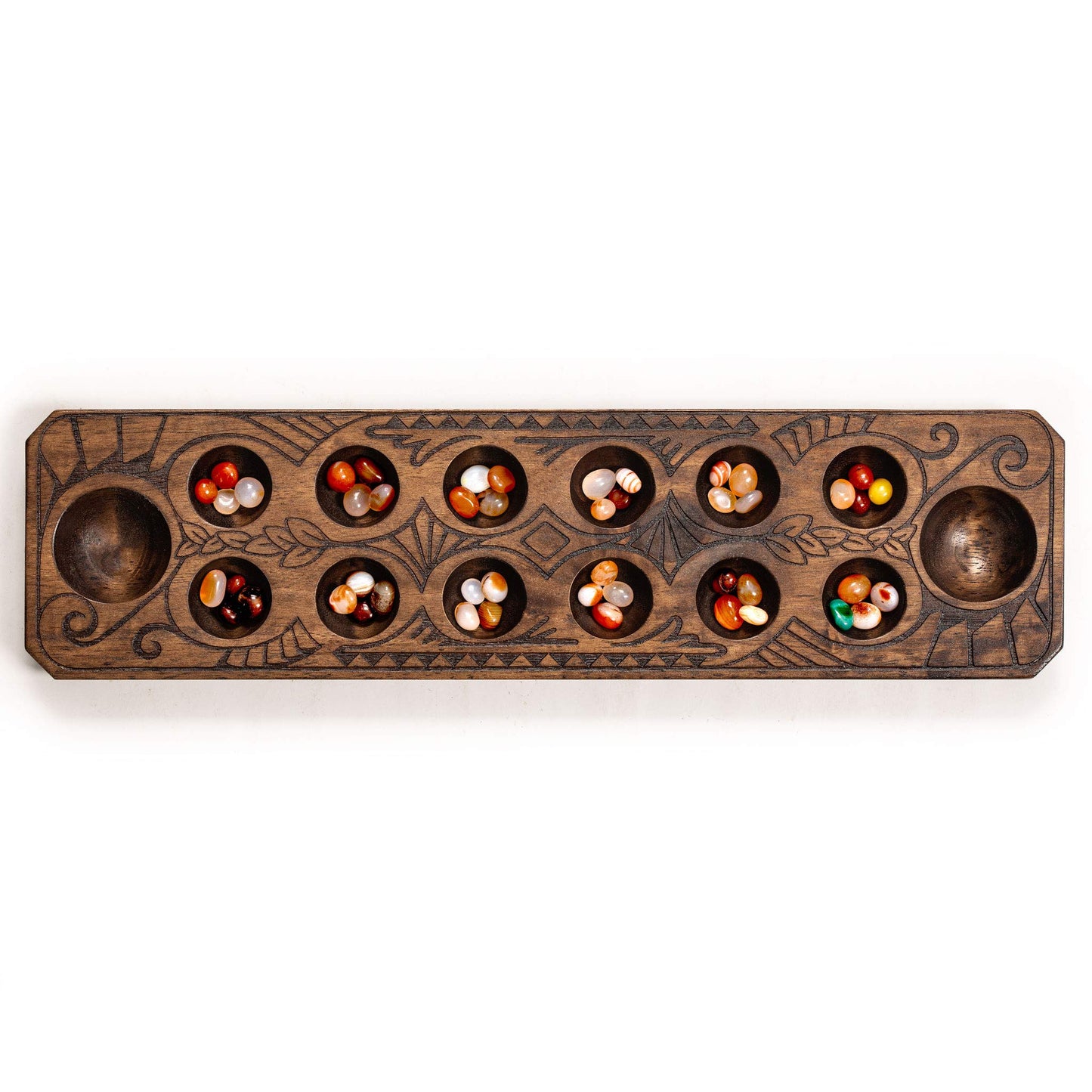 Yellow Mountain Imports Mancala Set with 17.3-Inch Solid Wood Board and Quartz Pebble Playing Pieces
