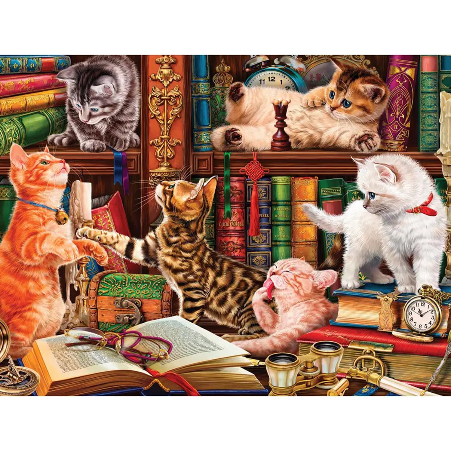 Bits and Pieces 500 Piece Puzzles for Adults - Library Kittens - Large 18" x 24" Jigsaw Puzzles 500 Pieces Cute Cats Books, No 2 Pieces Alike