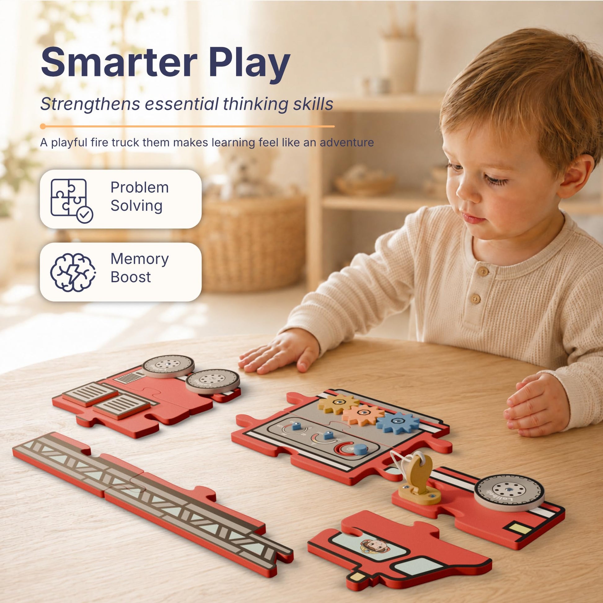 Lalibels Large Fire Truck Puzzle & Activity Toy for Toddlers 18 Months+, Montessori Fine Motor Learning Toy, Wooden Firetruck Birthday Gift for Boys