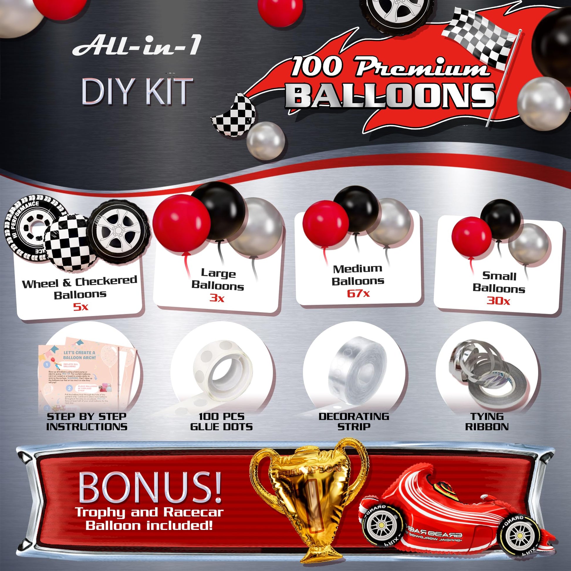 ALL-IN-1 Race Car Balloon Arch Kit with BONUS Trophy & RaceCar - Cars Balloon Garland Kit for Race Car Theme Birthday Party Supplies & Hot Wheels
