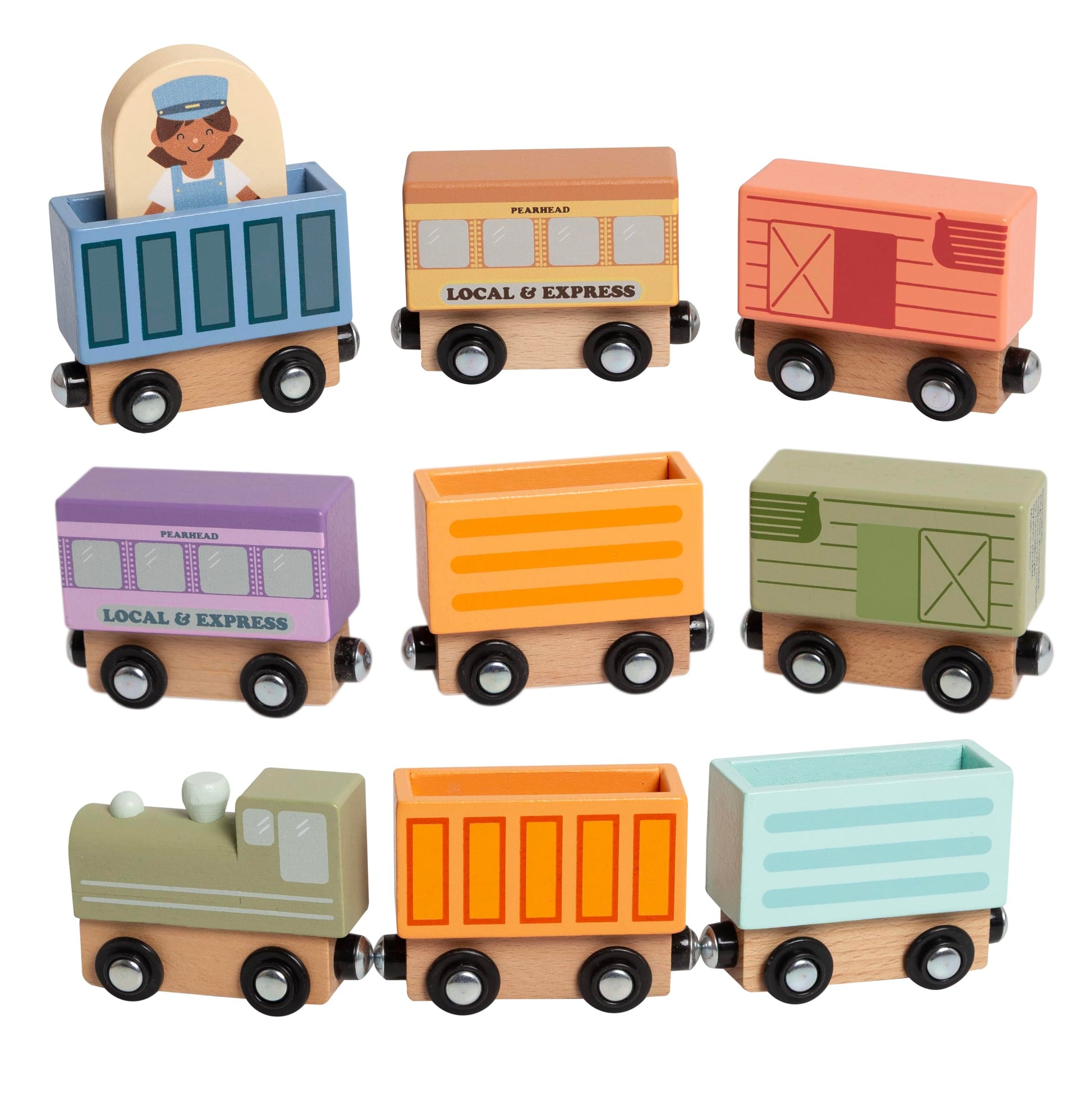 Pearhead Wooden Train Set for Toddlers - 10-Piece Magnetic Train Cars, FSC-Certified Wood, Montessori STEM Toy, Develops Fine Motor Skills, Compatible