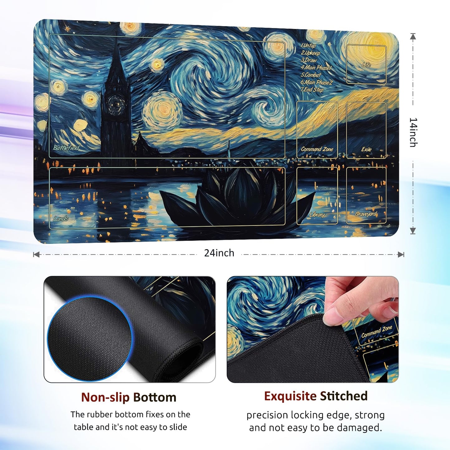 Partypda MTG Mat TCG DND Playmat with Storage Bag & 7 Dice | Waterproof Non-Slip Surface | Premium Edge-Locking Design | Play Mat with Zones for Magic