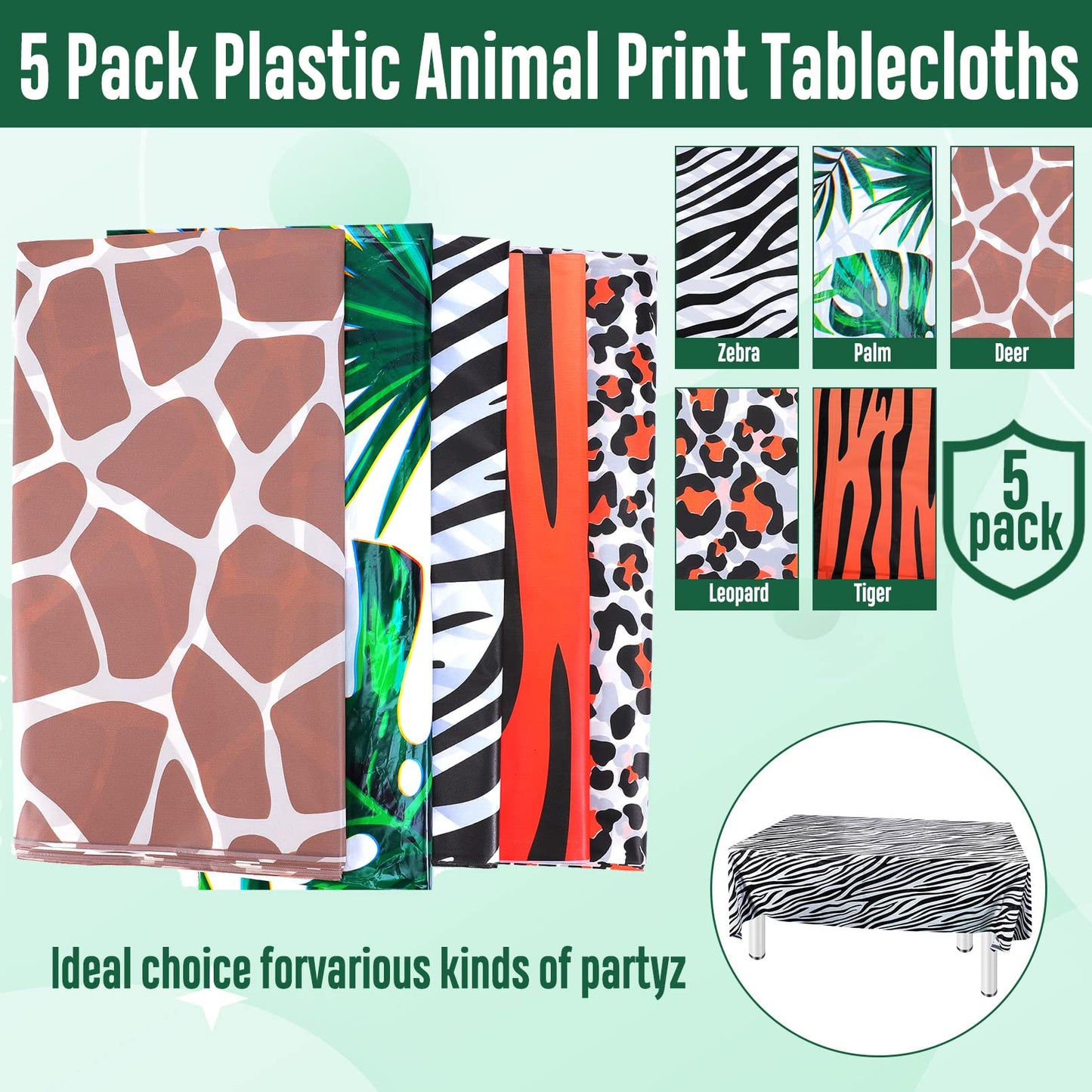 5 Pack Animal Safari Tablecloth,Zoo Print Table Cover,Jungle Animal Theme Leopard Tiger Zebra Giraffe Palm Leaf Print Tablecloth Party Supplies