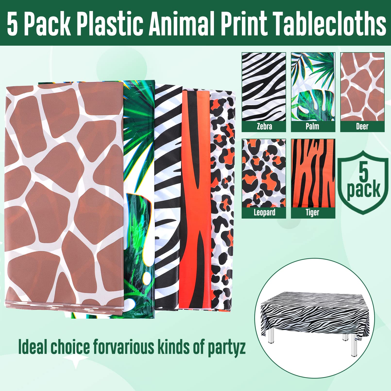 5 Pack Animal Safari Tablecloth,Zoo Print Table Cover,Jungle Animal Theme Leopard Tiger Zebra Giraffe Palm Leaf Print Tablecloth Party Supplies