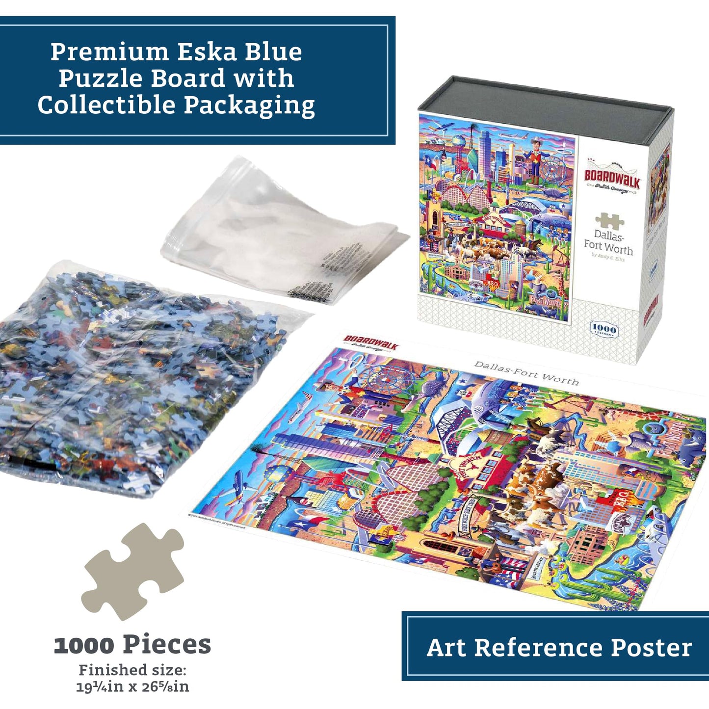 Boardwalk Dallas-Fort Worth 1000 Piece Jigsaw Puzzle Fun Colorful Texas Puzzles with Premium Box, Gift for Adults and Family 19"x26"