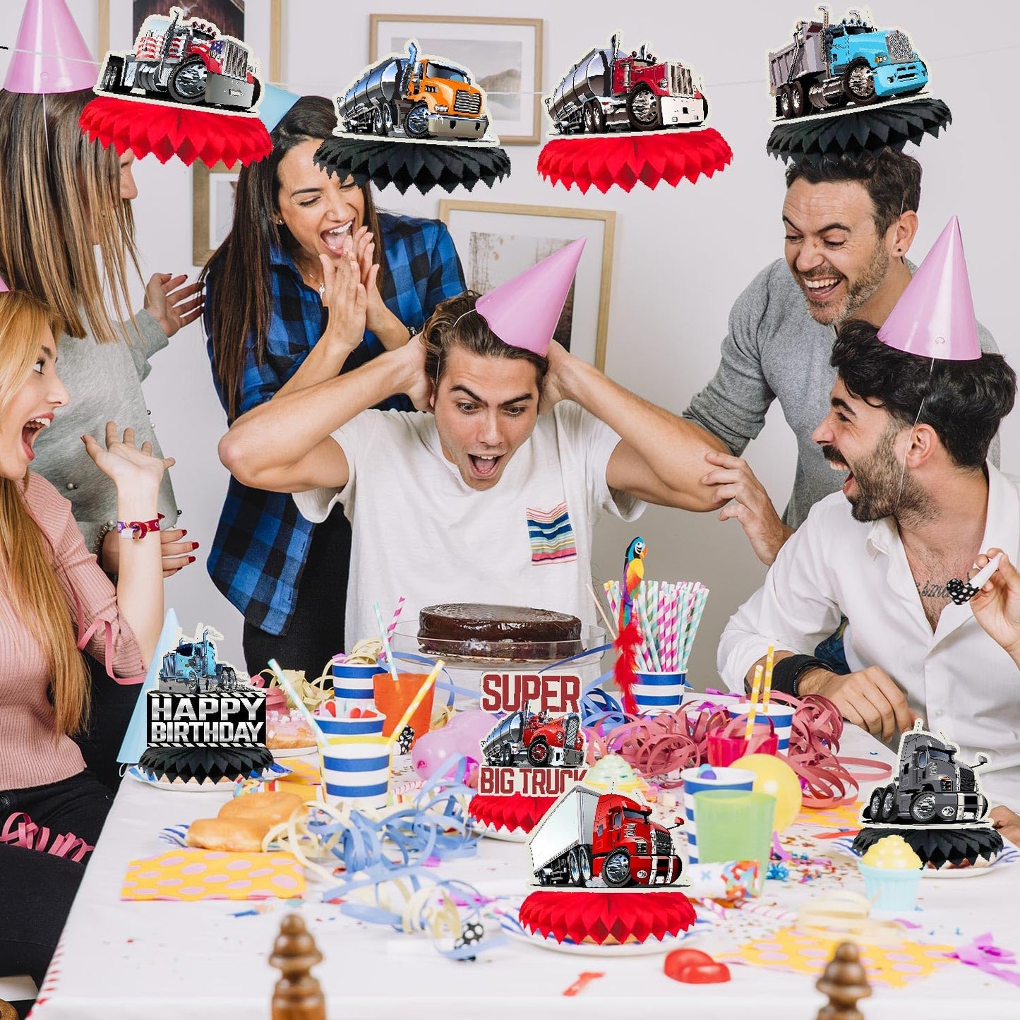 LIANGSS 8-Piece Heavy Duty Truck Theme Honeycomb Centerpieces for Kids - Semi Truck, Baby Shower, Birthday, Traffic Party Honeycomb Tabletop