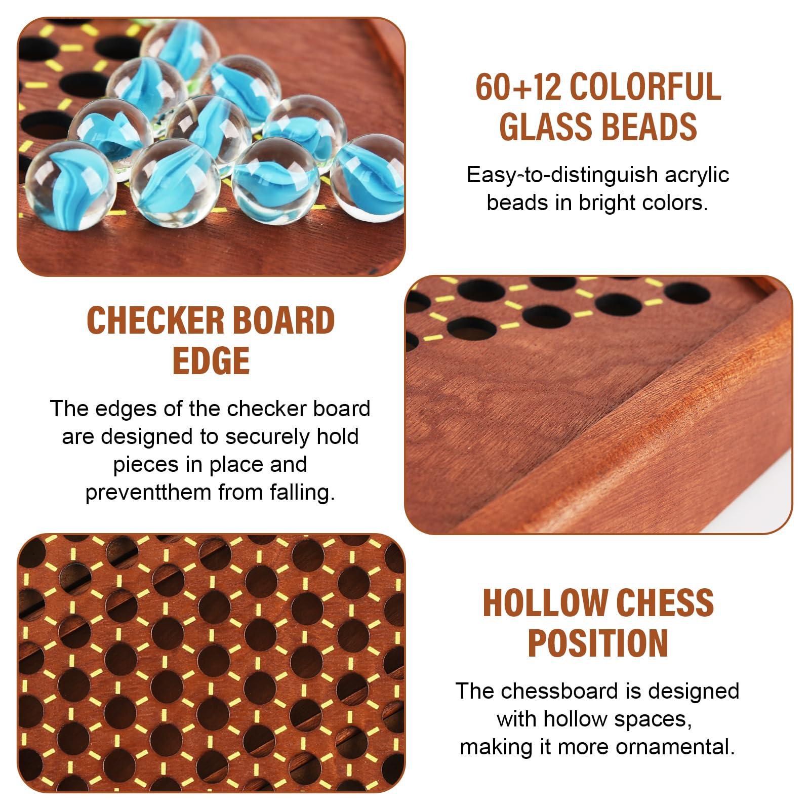 12.7 Inches Wooden Chinese Checkers Set with Storage Drawer -60 Glass Marbles in 6 Colors -12 Bonus Spare Marbles| Chinese Checkers Board Game