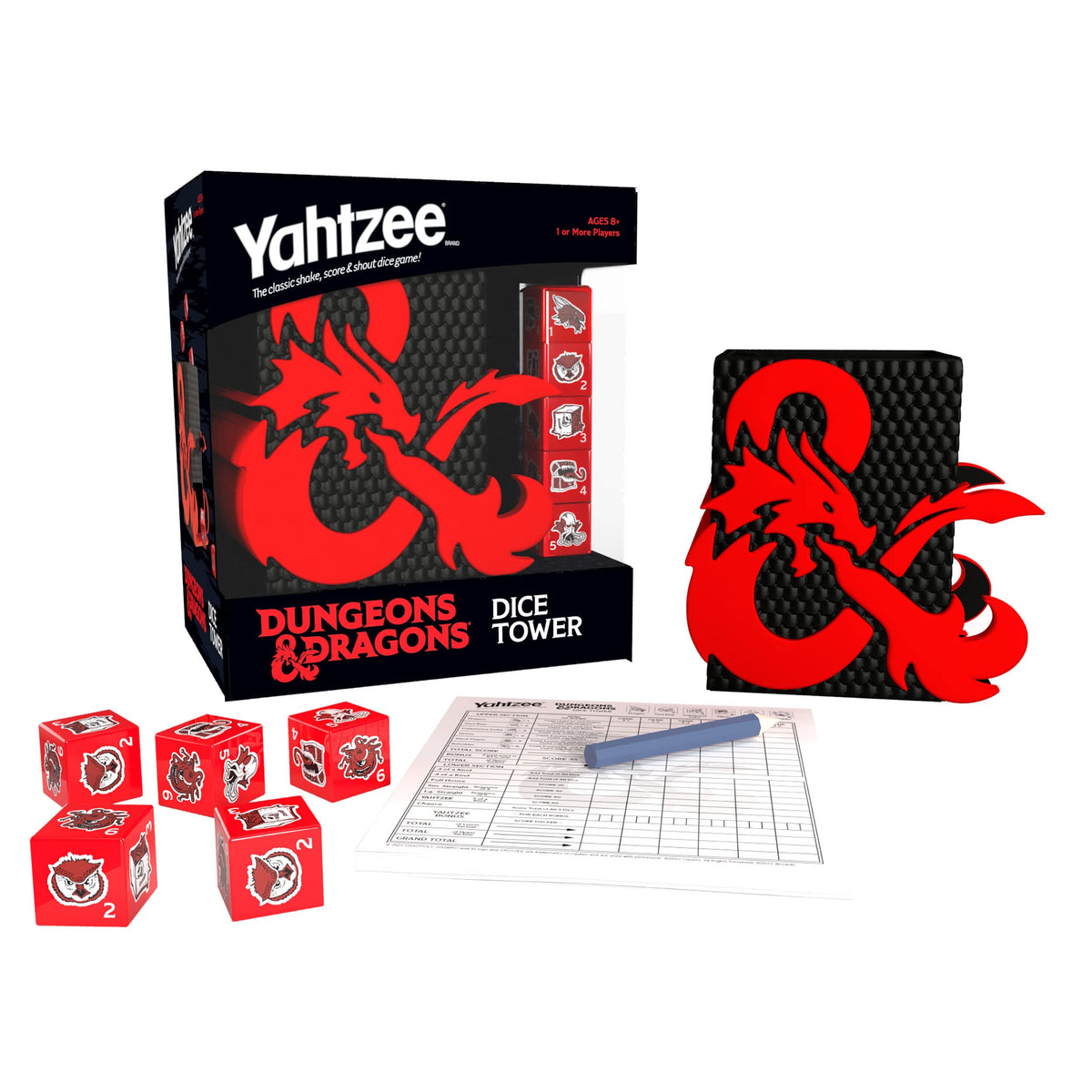 YAHTZEE: Dungeons & Dragons | Collectible Dice Tower | Dice Featuring Dragon, Owl Bear, Gelatinous Cube, Mimic, Mind Flayer, and Beholder |