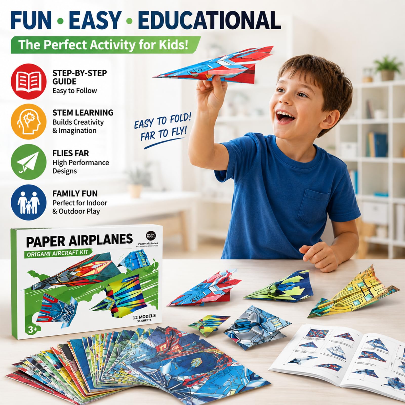 Vexorith Paper Airplane Kit for Kids Ages 8-12, 5-8 - 36 Designer Origami Papers with 12 Flying Plane Styles, STEM Craft & Educational Toy Gift