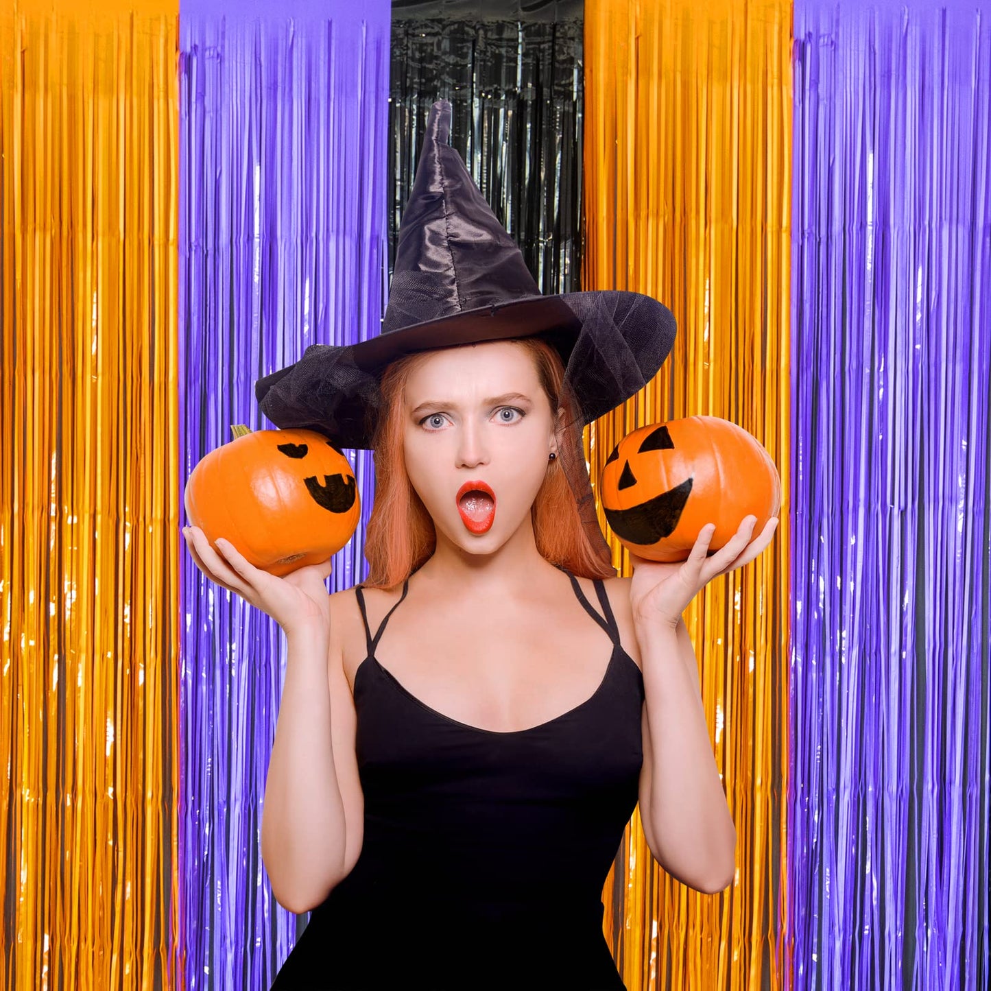 LOLStar Halloween Orange Purple Black Foil Fringe Curtains 3 Pack