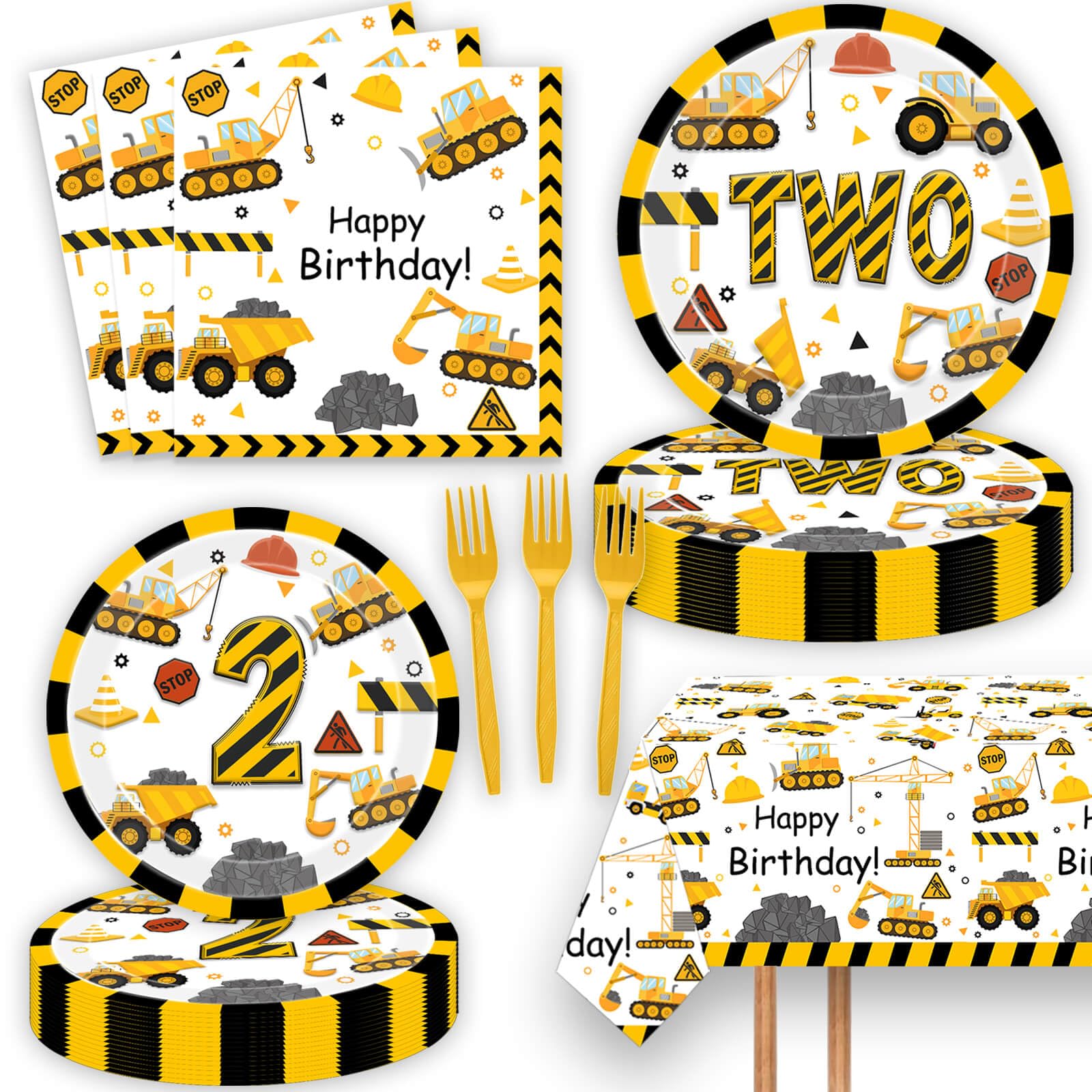 51 Pcs Construction 2nd Birthday Party Supplies Dump Truck Two Years Old Tablecloth Paper Plates Napkins Forks Dinnerware for Construction 2nd