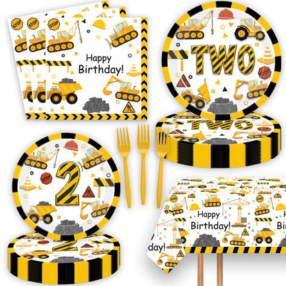 51 Pcs Construction 2nd Birthday Party Supplies Dump Truck Two Years Old Tablecloth Paper Plates Napkins Forks Dinnerware for Construction 2nd