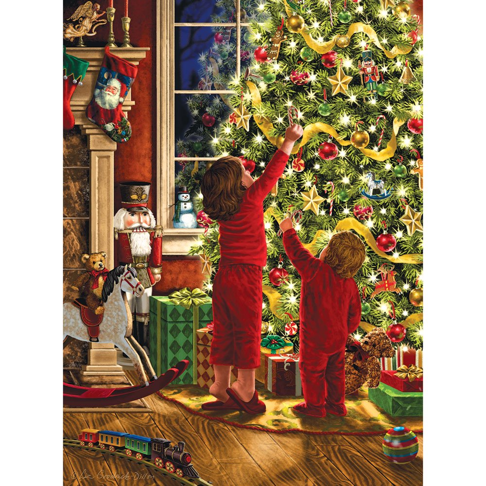 Bits and Pieces - 1000 Piece Embellished Glitter Puzzle - Children Decorating The Christmas Tree by Artist Liz Goodrick Dillon - Family Holiday Fun