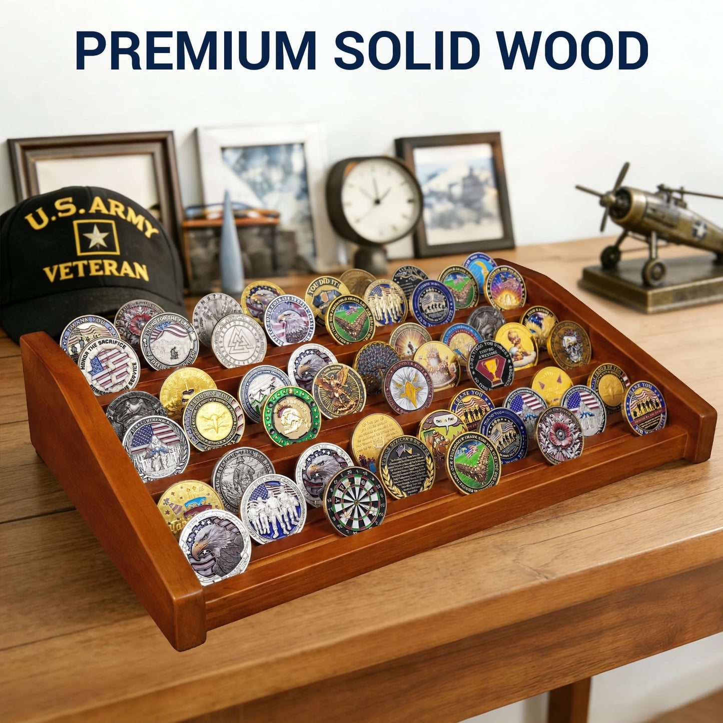 ASmileIndeep 12 Rows Solid Wood Military Challenge Coin Display Stand Holds 90-100 Coins Army Coin Holder Display Police Coin Rack for Countertop
