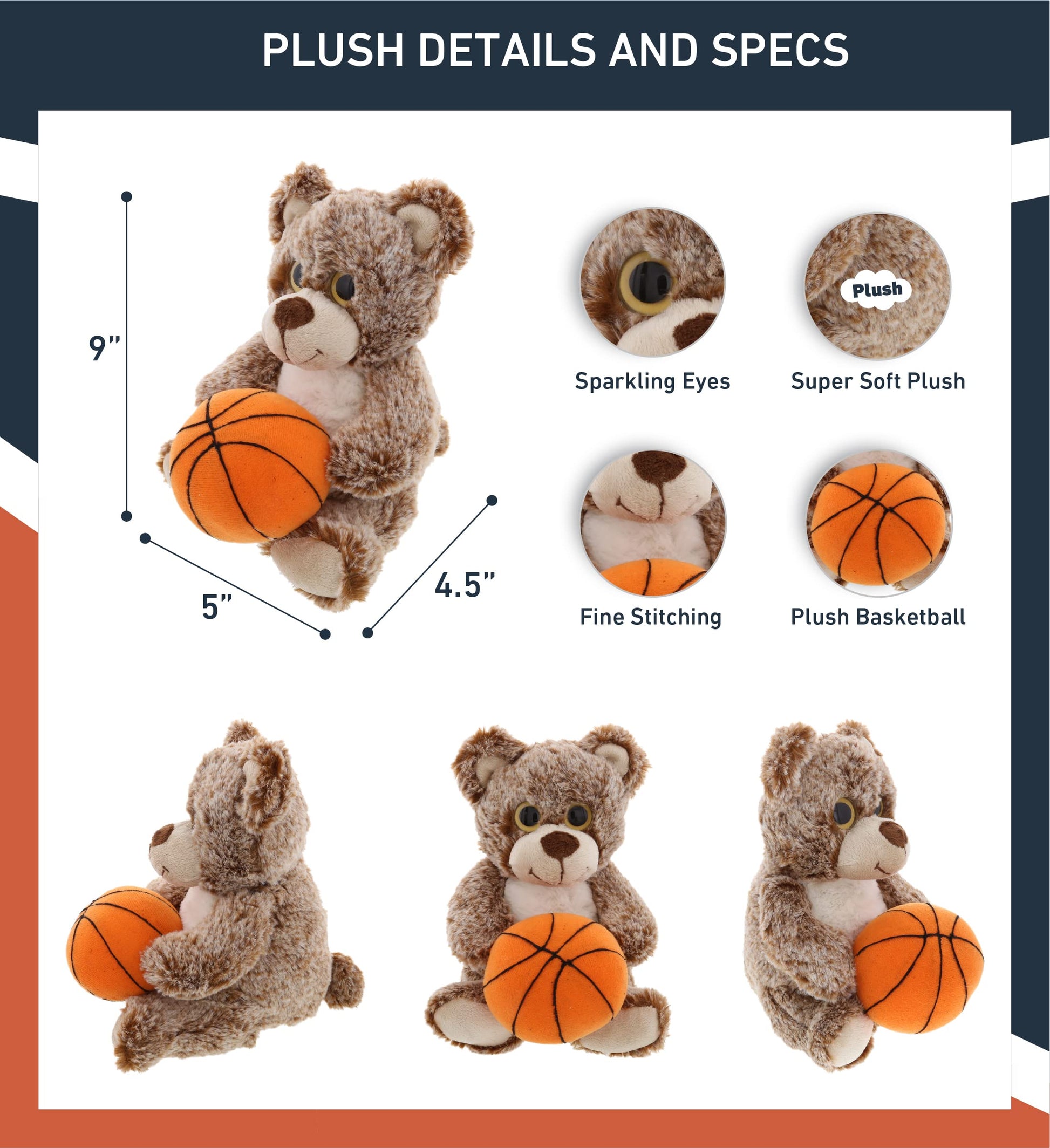 DolliBu Sitting Brown Bear Stuffed Animal with Basketball Plush - Soft Plush Huggable Bear, Adorable Playtime Plush Toy, Cute Wildlife Gift for Kids