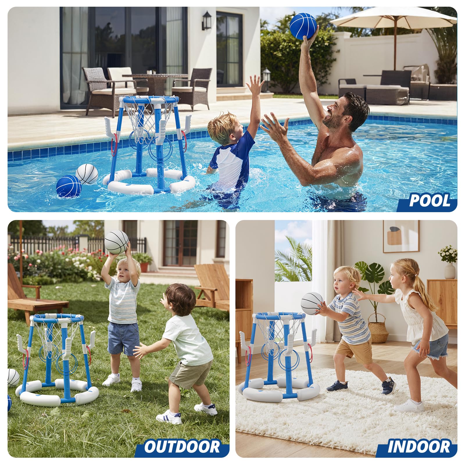 HYES 2 in 1 Pool Basketball Hoop, Floating Pool Toys, Blue