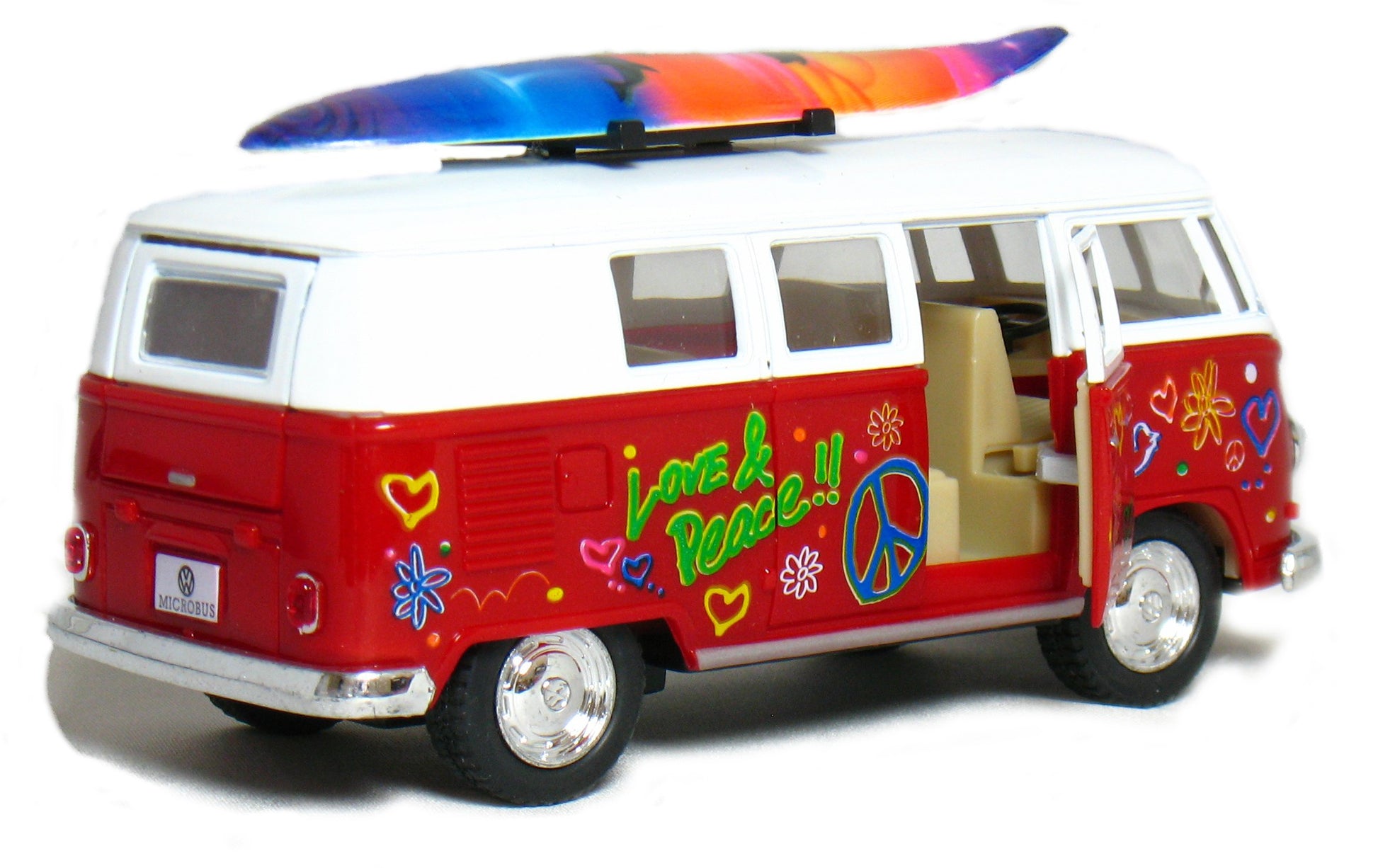 KiNSMART 1962 Volkswagen Classic Bus 1:32 Scale 5" Die Cast Metal Model Toy Van Pullback Acation (4 Set Surfboard Flower Power)