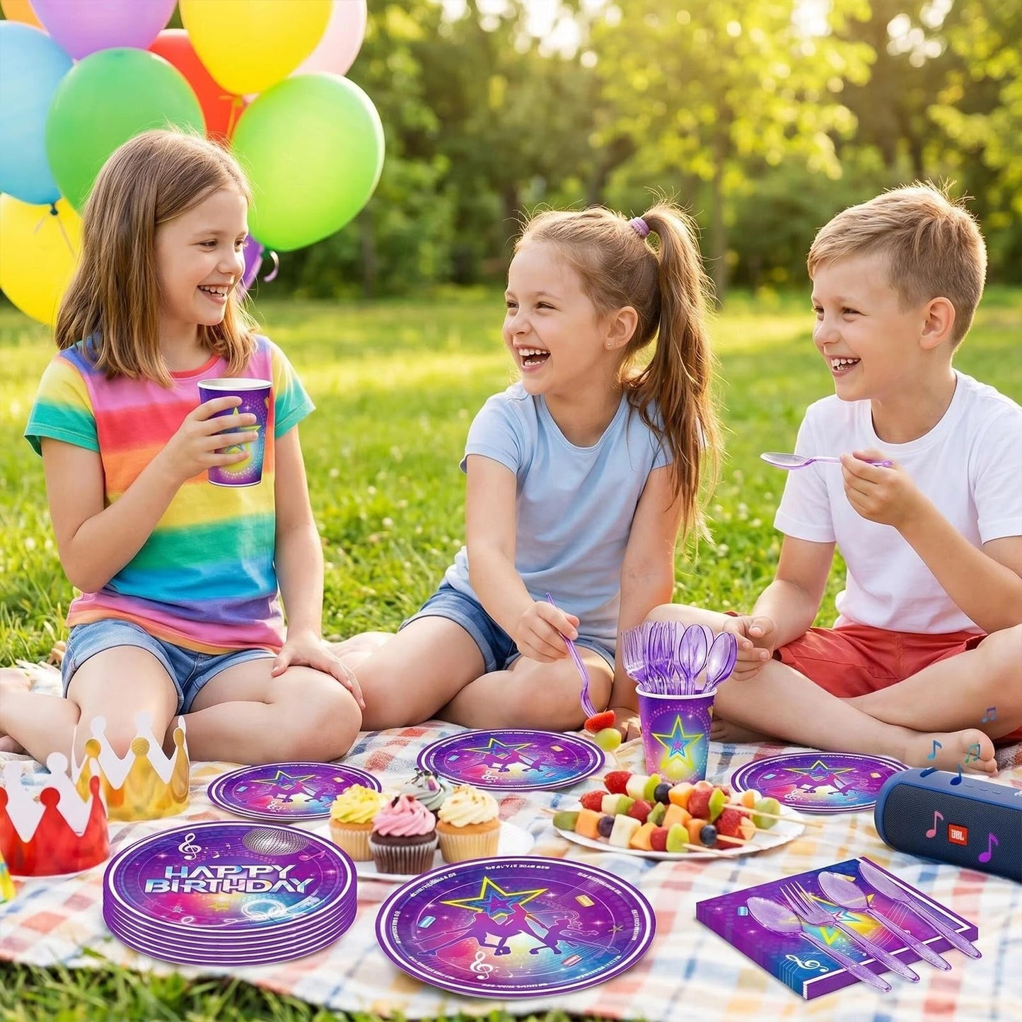 Elzoviran 168pcs Birthday Party Plates Napkins Purple Magical Music Party Supplies Disposable Tableware Set Dance Birthday Decorations for Girls Serve