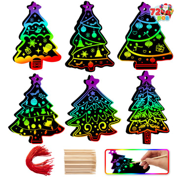 JOYIN 72 Pcs Christmas Scratch Art Ornaments, Rainbow Color Scratch Paper Off Craft Kit Includes Xmas Tree, Christmas Hanging Ornament for Kids