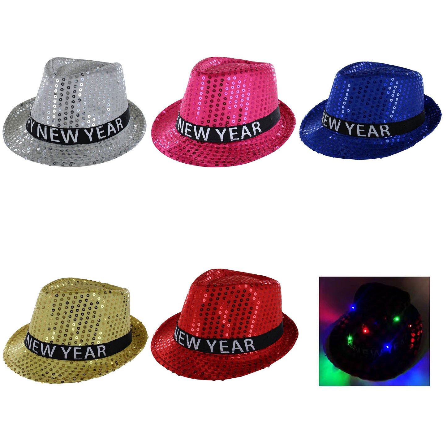 Pack of 12 Happy New Years Eve Theme Party Favor Glitter Fedora Hats with LED Colorful Lights