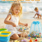 Eicaus 46 PCS Beach Sand Toys for Kids Toddlers, Collapsible Sand Buckets & Mesh Bag Set with Heavy Duty Metal Sifters, Treasure Hunt Gems, Castle