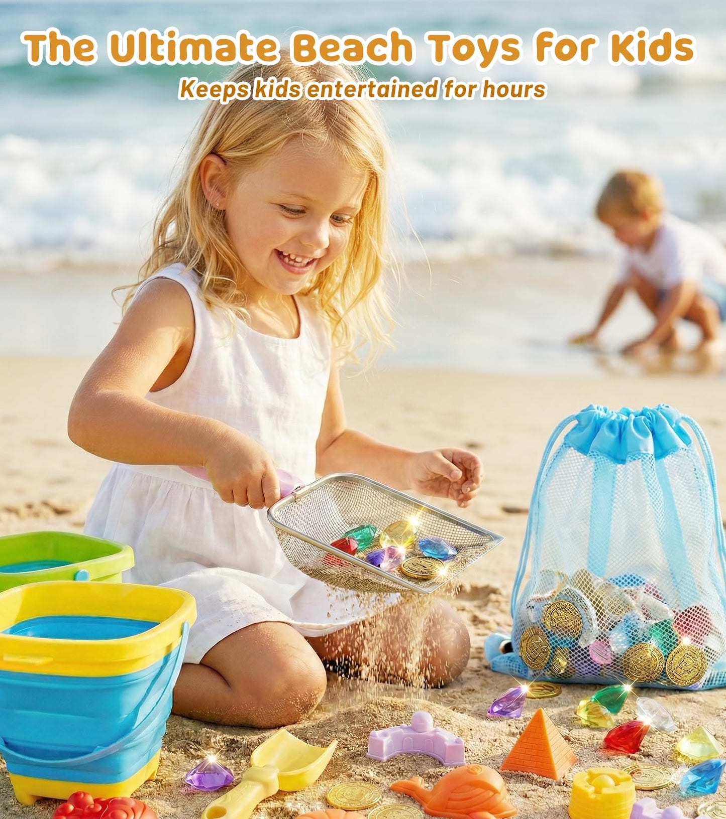 Eicaus 46 PCS Beach Sand Toys for Kids Toddlers, Collapsible Sand Buckets & Mesh Bag Set with Heavy Duty Metal Sifters, Treasure Hunt Gems, Castle