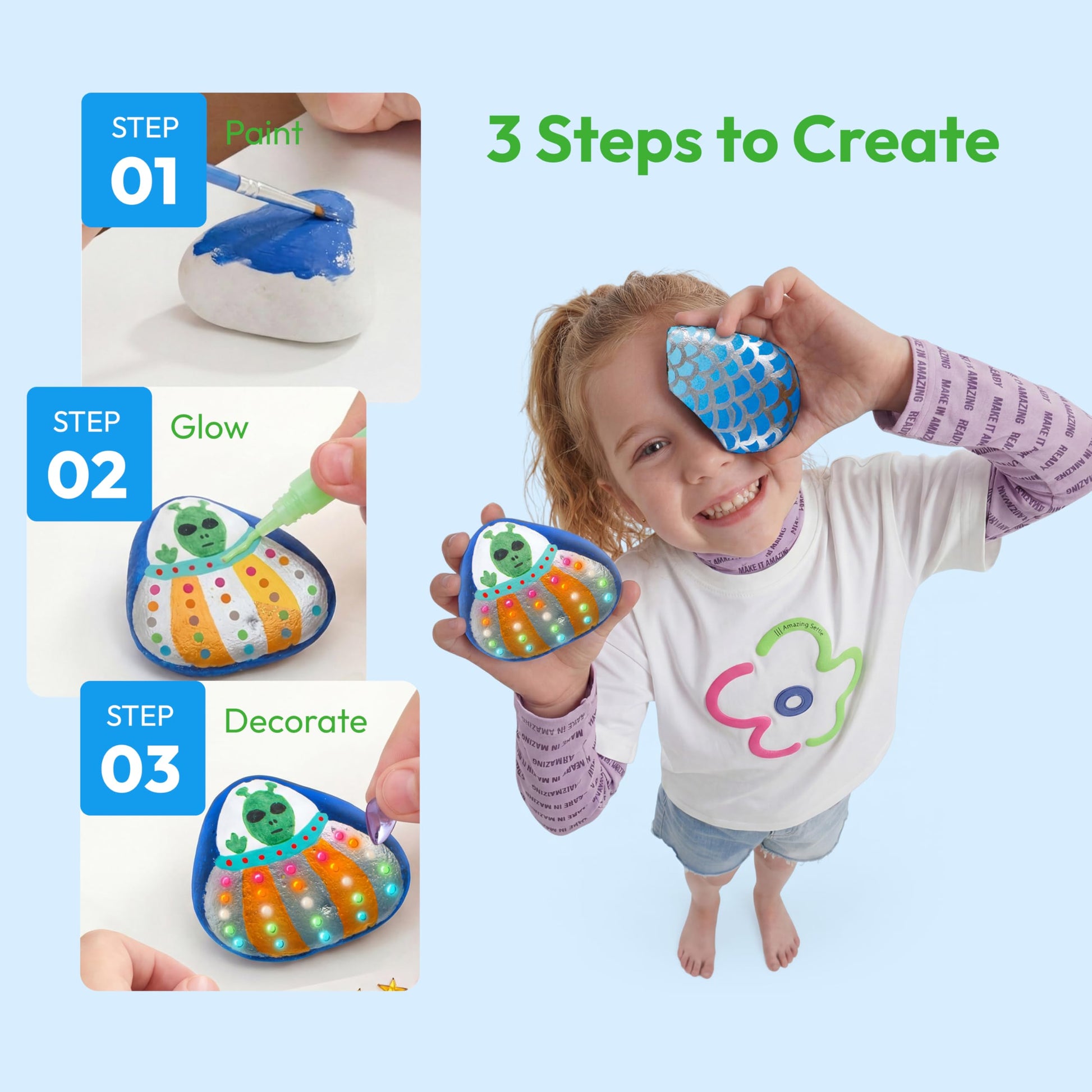 Rock Painting Kit- Glow in The Dark Rock Kit, Arts and Crafts for Kids Ages 6-12, Art Supplies Toy, Kids Craft Paint Kits, Arts & Crafts for Boys