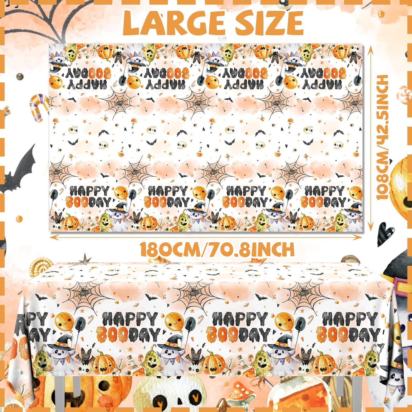 CMUSKO Halloween Happy Boo Day Tablecloth, 3Pcs Orange Black Ghost Pumpkins Plastic Booday Tablecloth,Boo Day Table Cover for Halloween Birthday Baby