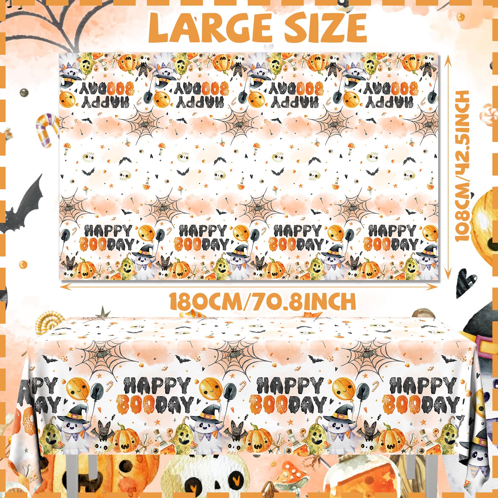 CMUSKO Halloween Happy Boo Day Tablecloth, 3Pcs Orange Black Ghost Pumpkins Plastic Booday Tablecloth,Boo Day Table Cover for Halloween Birthday Baby