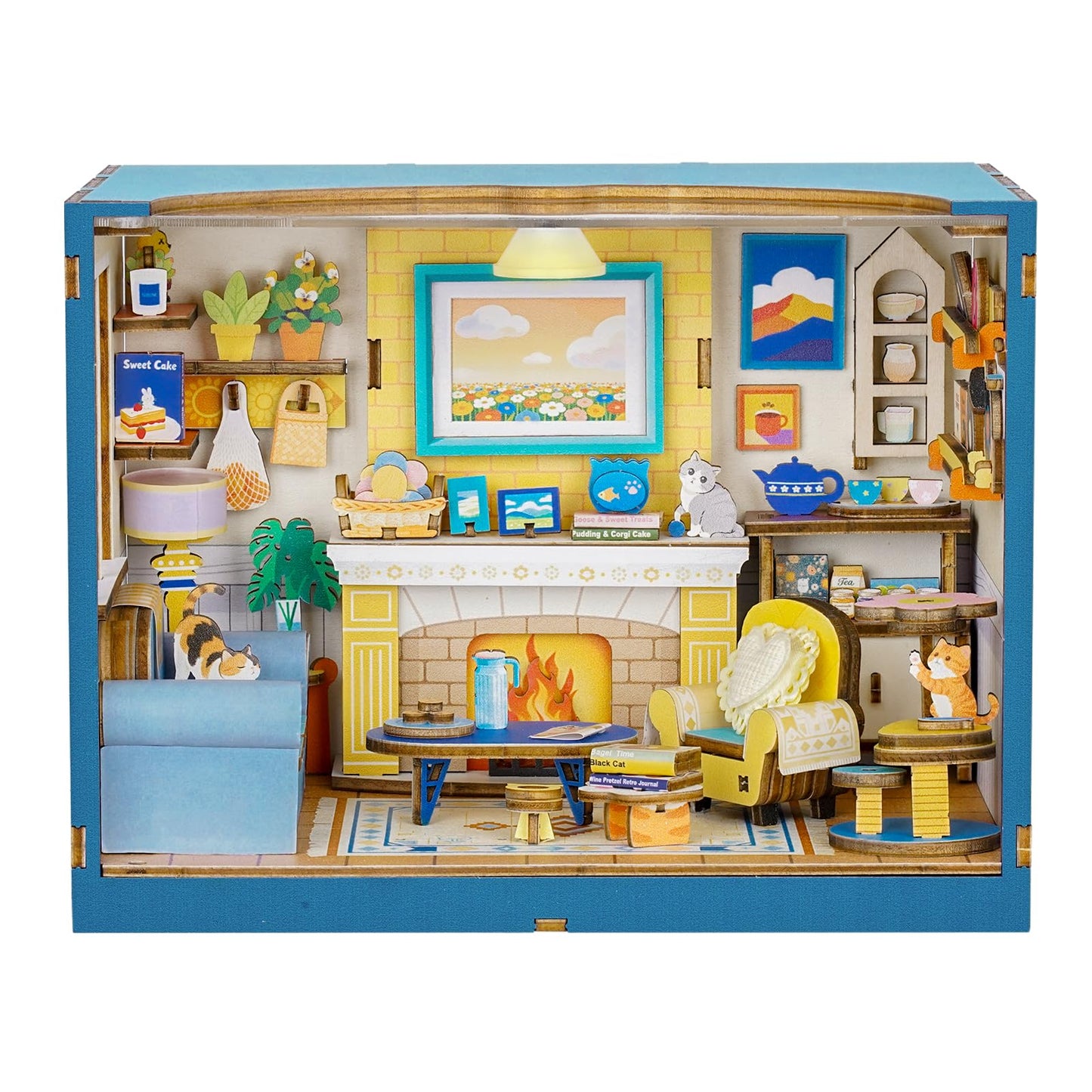 DIY Miniature House Kits-Living Room, 3D Wooden Puzzles with LED Light Tiny House Mini House Building Kit for Adults, Wooden Adults Crafts Home Decor