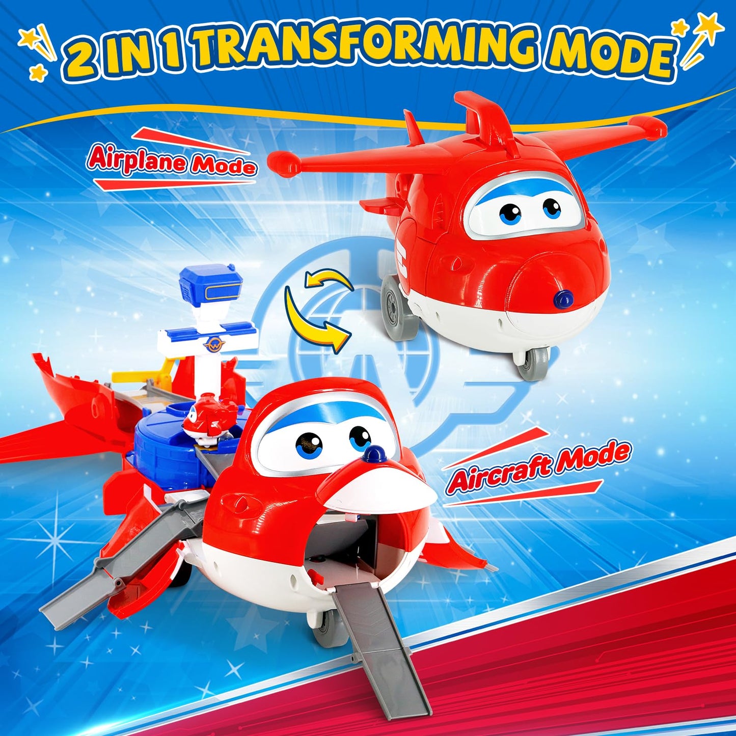 Super Wings Jett's Takeoff Tower 2-in-1 Airplane Toys Playset with 2" Jett Mini Figure Transform-a-Robots, Toys for Preschool Kids, Gifts for Boys