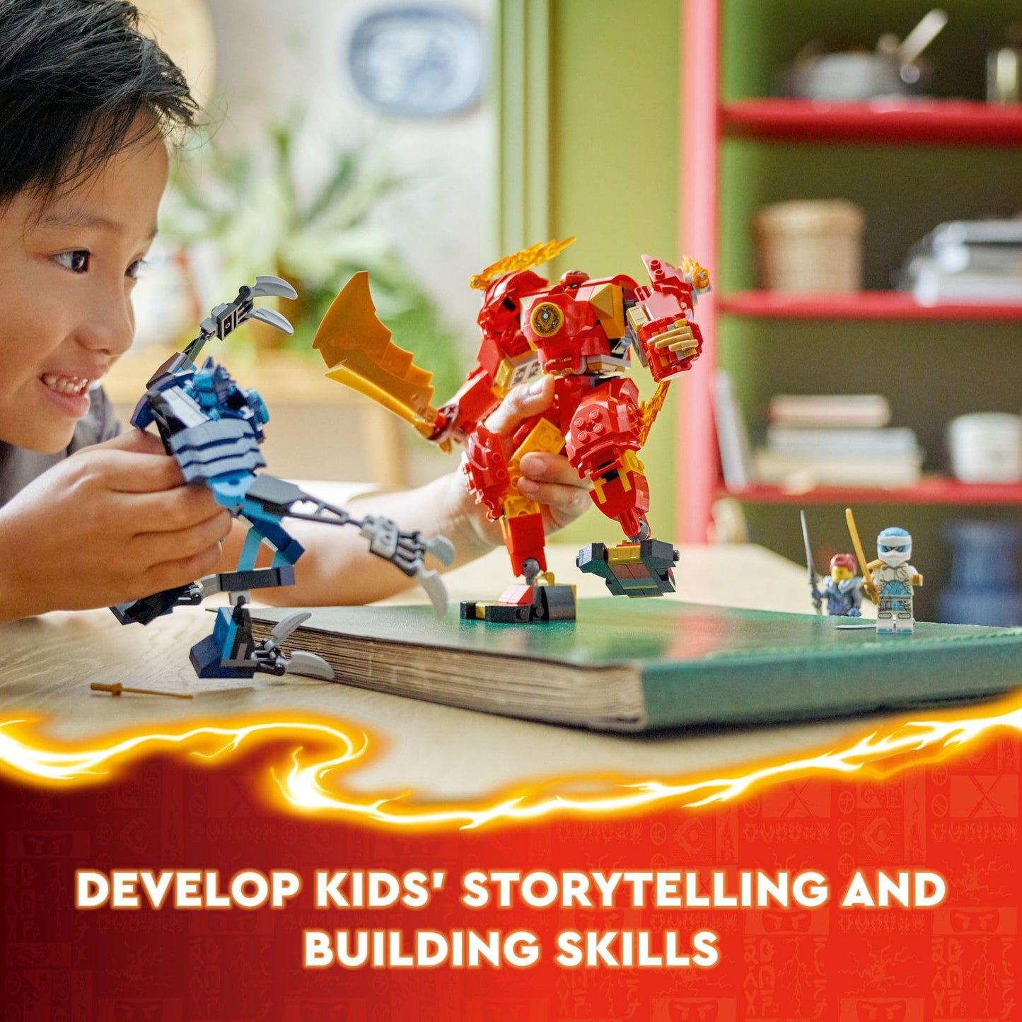 LEGO NINJAGO Kai’s Elemental Fire Mech Action Figure, Mini Ninja Toy for Kids with Customizable Red Ninja Figure Plus Kai and Zane Minifigures