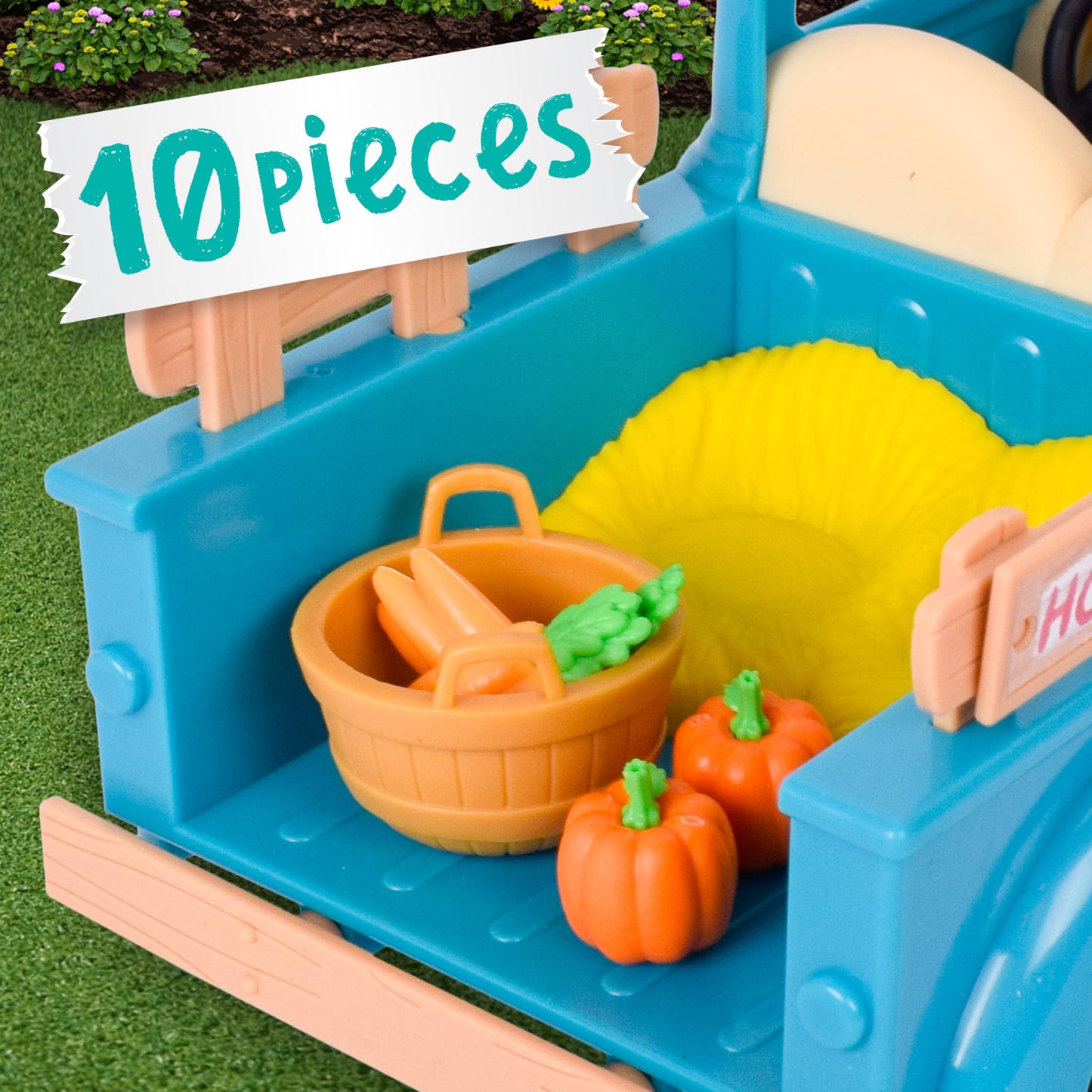 Honey Bee Acres Buzzby Farm Truck Vehicle with Miniature Doll Figure, 10 Pieces, Ages 3+