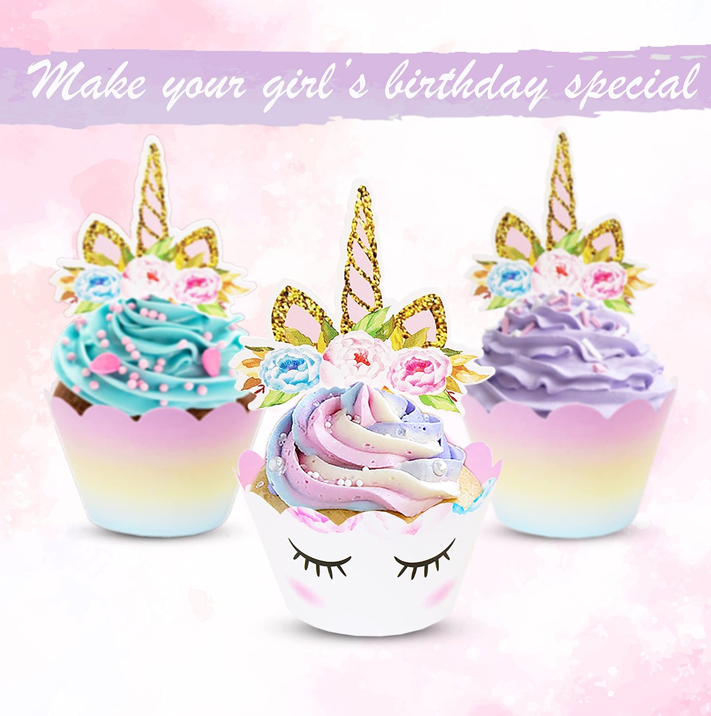ecoZen Unicorn Cupcake Toppers and Wrappers Decorations, Reversible Rainbow Cupcake Liners with Unicorn Toppers, Cute Decorating Supplies for Girl