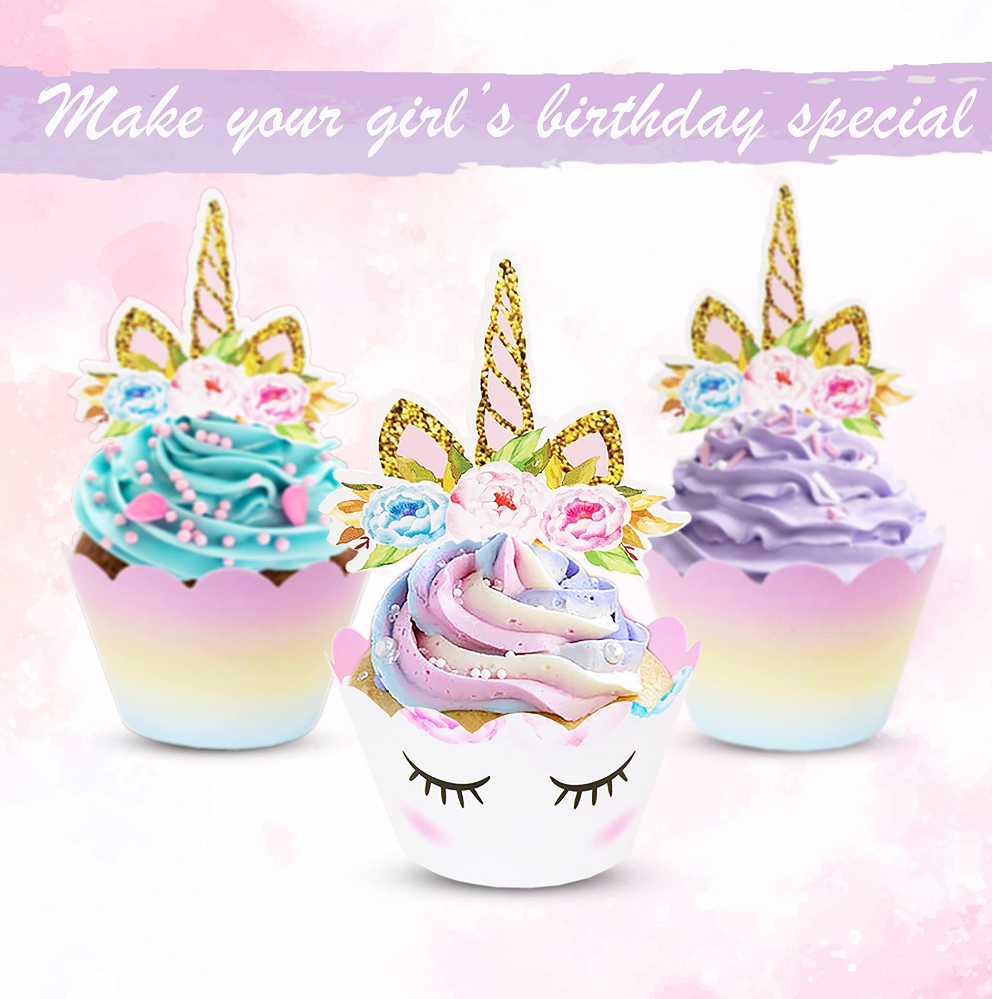 ecoZen Unicorn Cupcake Toppers and Wrappers Decorations, Reversible Rainbow Cupcake Liners with Unicorn Toppers, Cute Decorating Supplies for Girl
