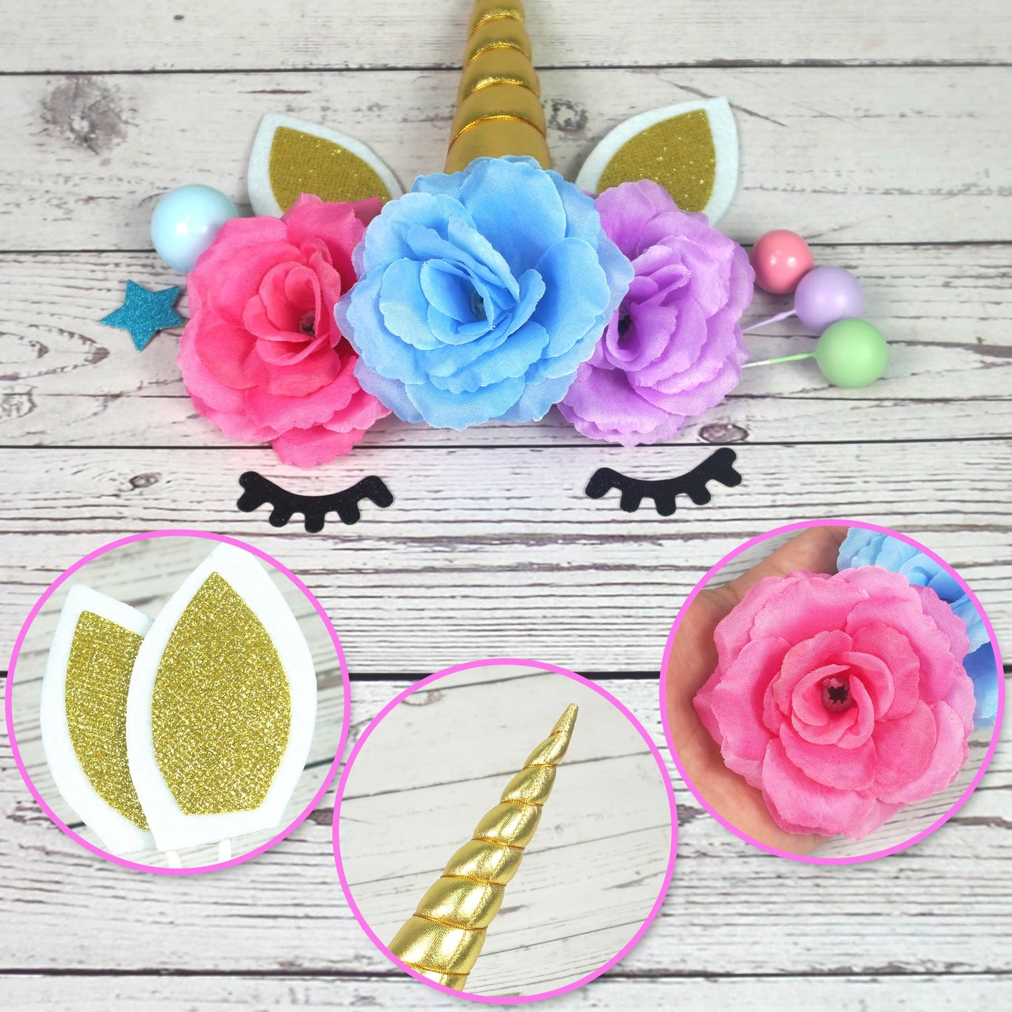 38 PCS Unicorn Cake Topper Unicorn Flower Cake Decorations with Flowers Balls Stars Unicorn Happy Birthday Cake Decorations (Flower)