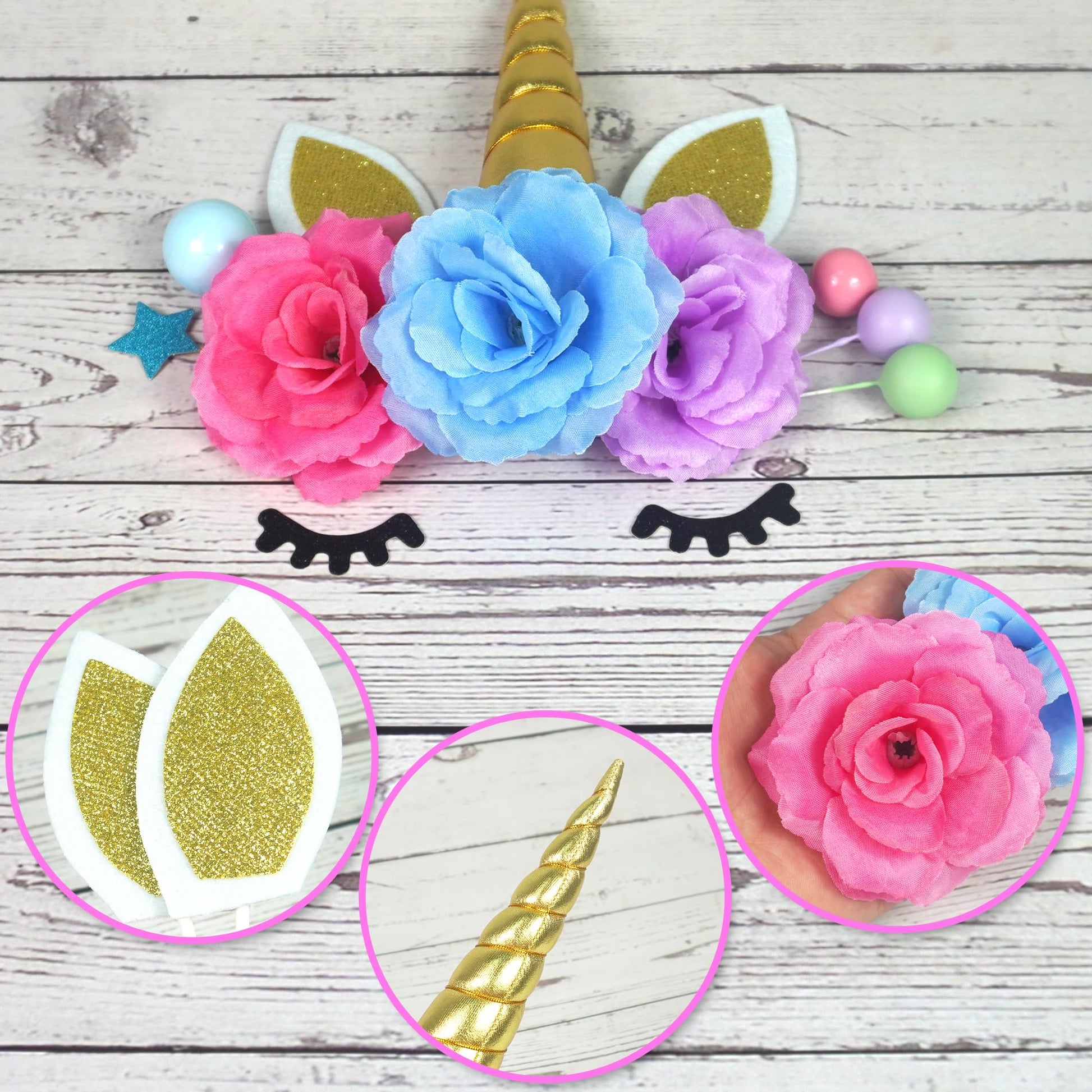 38 PCS Unicorn Cake Topper Unicorn Flower Cake Decorations with Flowers Balls Stars Unicorn Happy Birthday Cake Decorations (Flower)