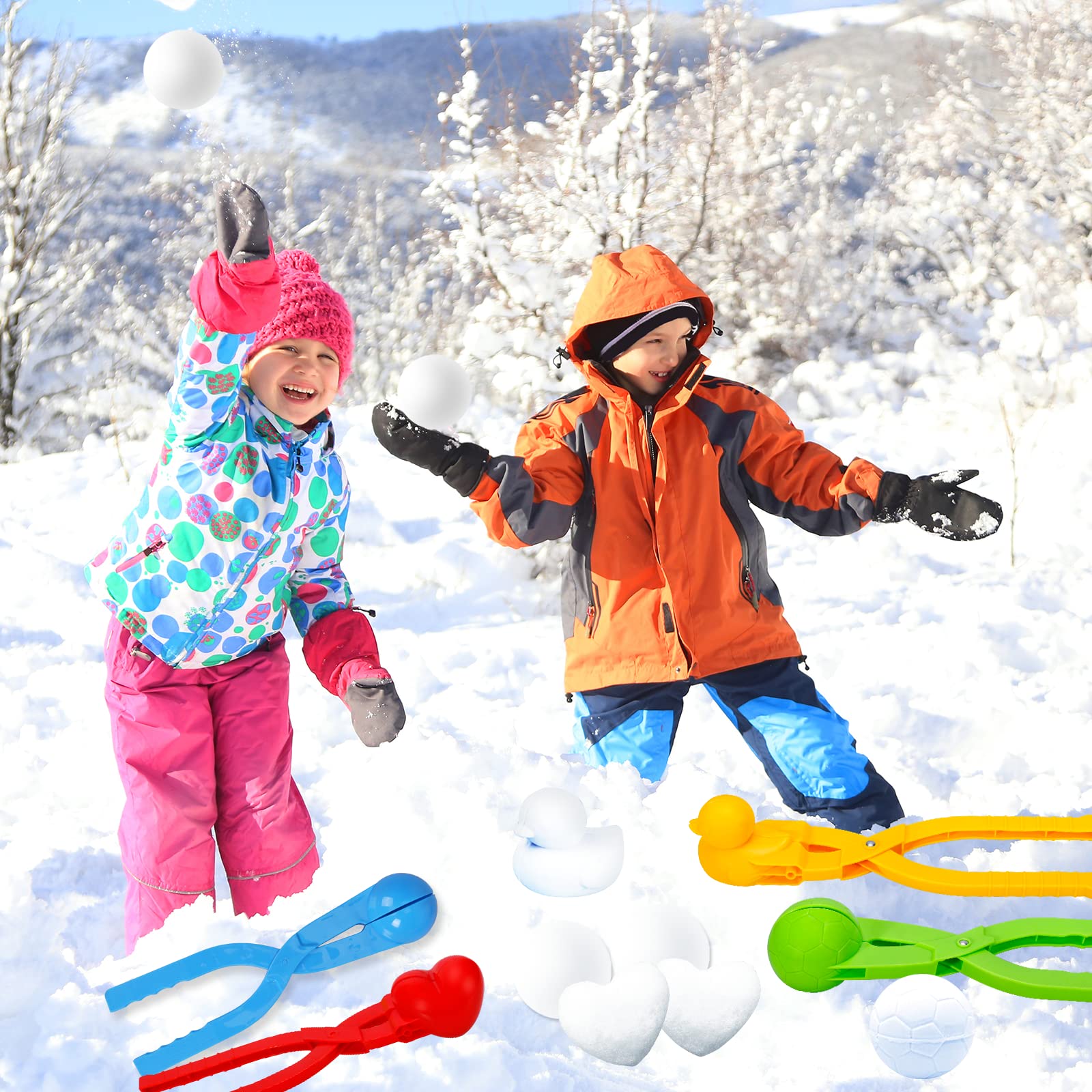 Max Fun 4 Pack Snowball Maker Snow Ball Toys Games with Handle for Kids Outdoor Indoor Winter Snowball Fight Maker Tool Clip with Drawstring Bag