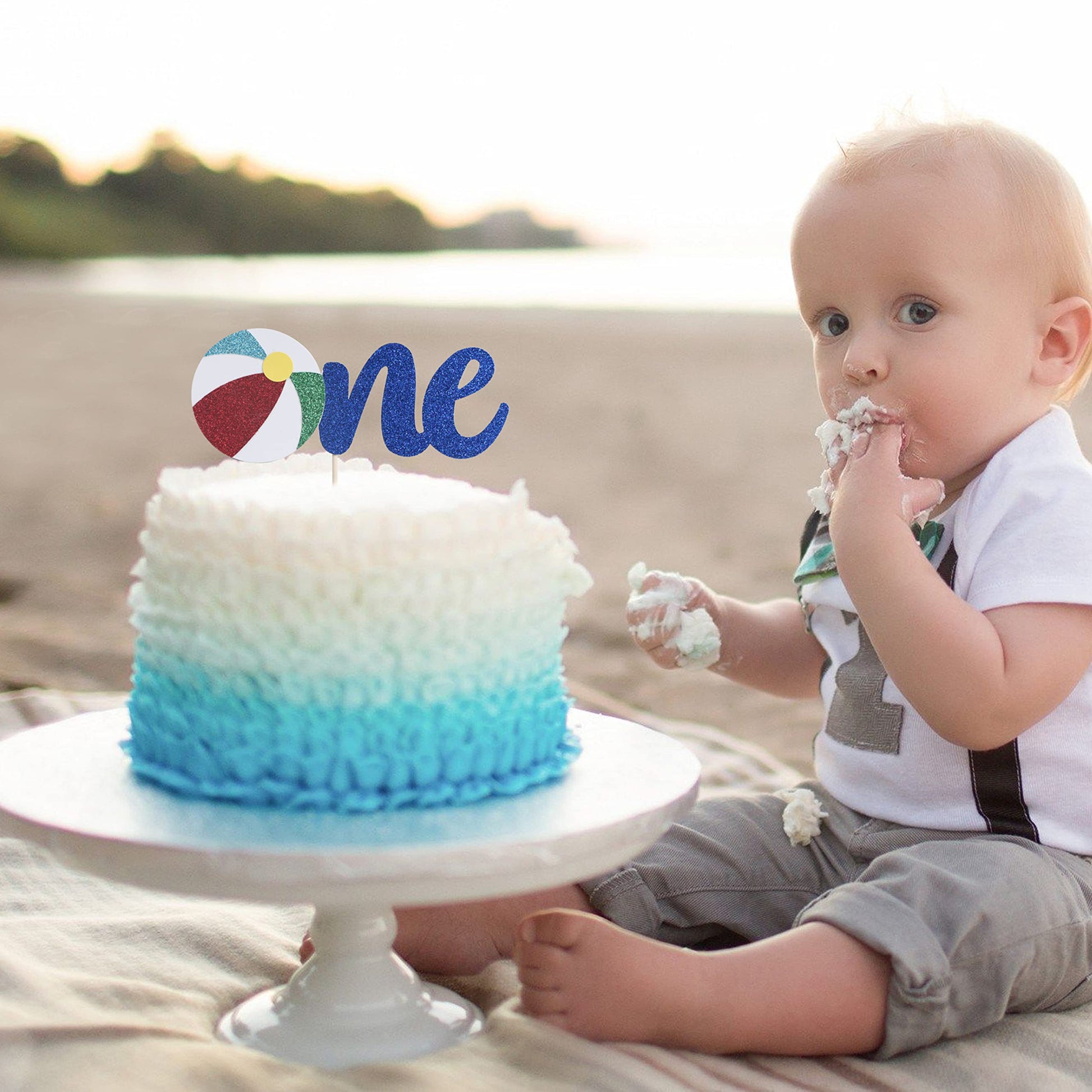 WAWUO Beach Theme 1st Birthday Cake Topper - Pool Party Cake Decoration, Summer Party Supplies, Baby's First Birthday Cake Topper