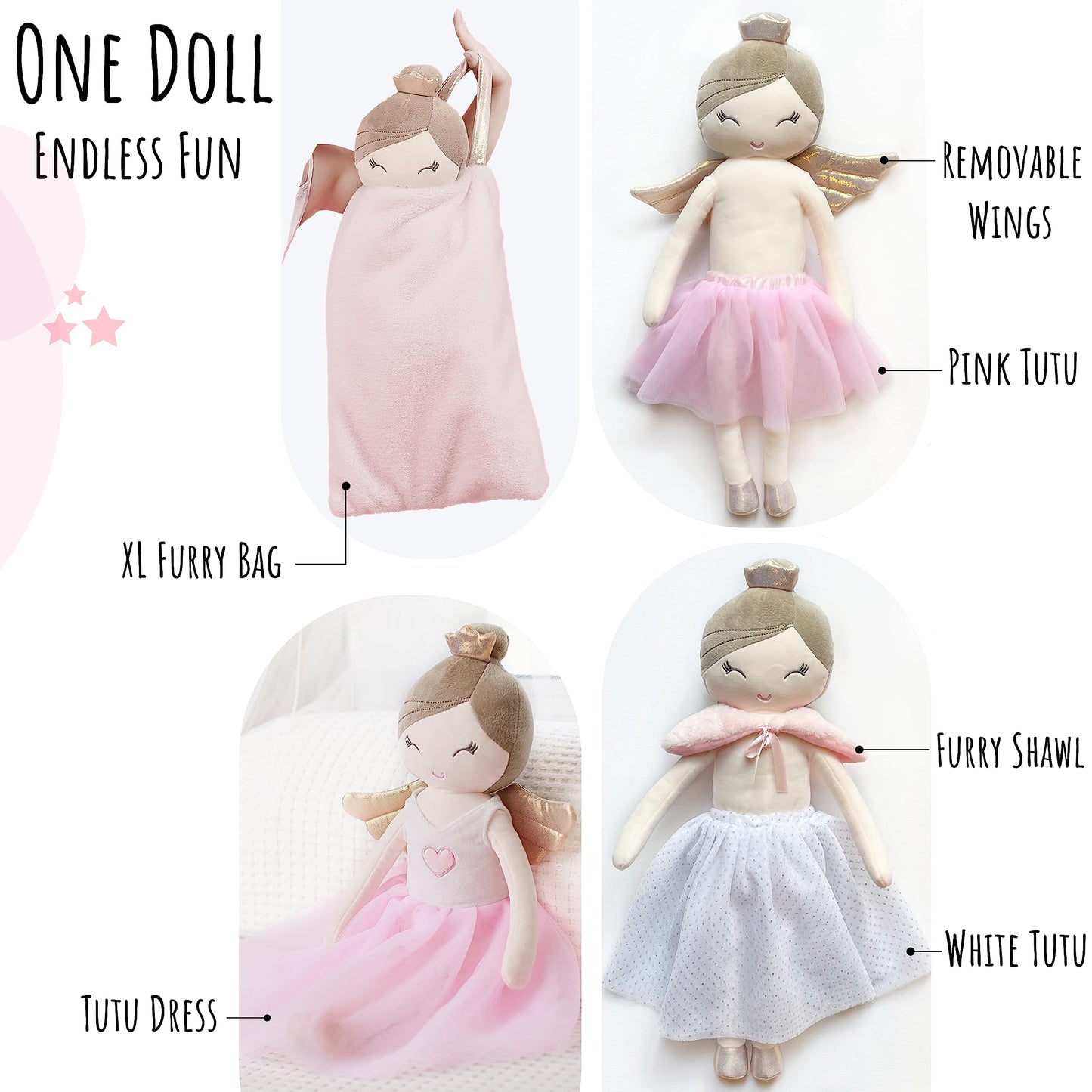 Perfectto Design Ballerina Princess Doll Stuffed Animal for Girls Toy Set - Bag, Tutu, Wings Play for 3 4 5 Year Old Girl Gift for Little Girl