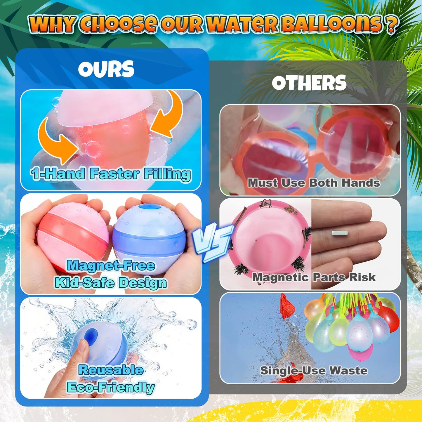 Self-Sealing Reusable Water Balloons for Kids - 12 Pack Soft Silicone Splash Balls, No Magnets, Quick-Fill Outdoor Water Battle Toys for Toddlers Boys