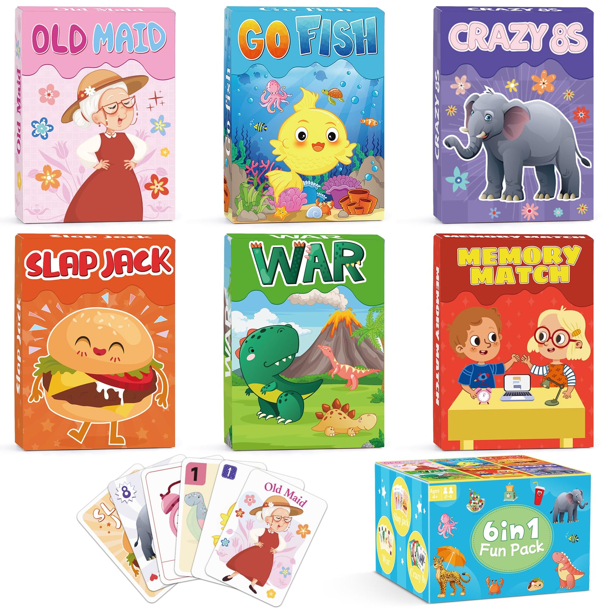 Kids Card Games, Go Fish,Old Maid,Crazy 8s,Memory Match,Slap Jack,War, Cards Game for Kids 4-8, Fun Game for Family Game Night Party Table Games