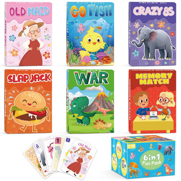 Kids Card Games, Go Fish,Old Maid,Crazy 8s,Memory Match,Slap Jack,War, Cards Game for Kids 4-8, Fun Game for Family Game Night Party Table Games