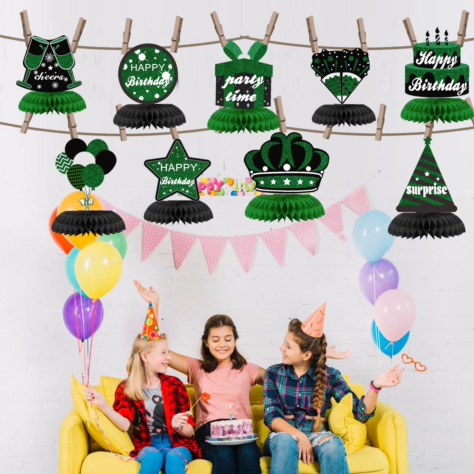 WINPOGEE 9PCS Green Black Birthday Decorations Honeycomb Centerpieces for Women Men Green Black Happy Birthday Table Centerpieces Party Supplies 16th