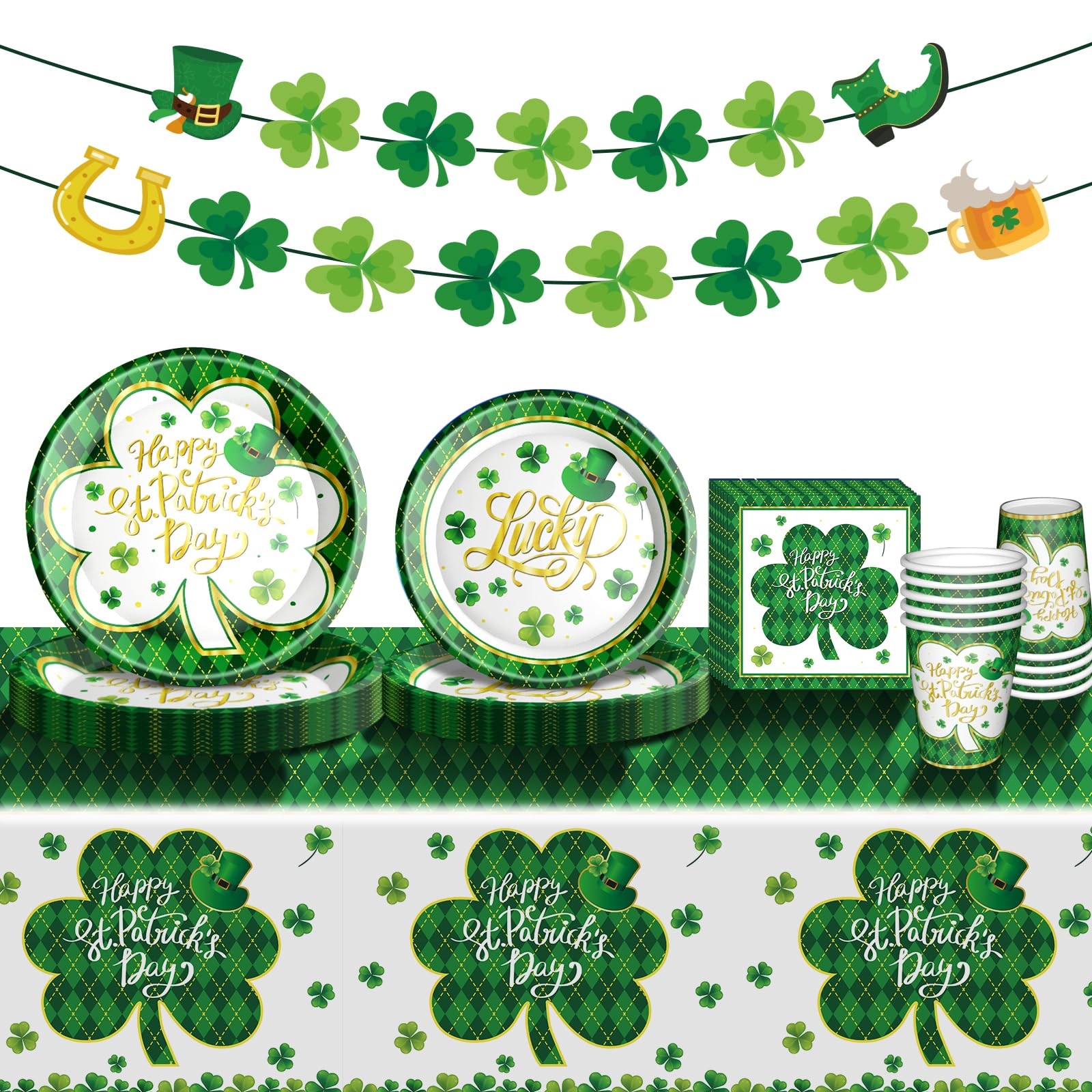 St. Patrick's Day Party Supplies Tableware Set Irish Themed Tableware with Lucky Shamrock Paper Plates Napkins Cups Tablecloth Banner for St