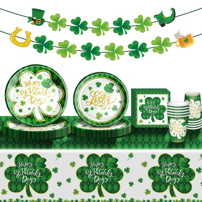St. Patrick's Day Party Supplies Tableware Set Irish Themed Tableware with Lucky Shamrock Paper Plates Napkins Cups Tablecloth Banner for St