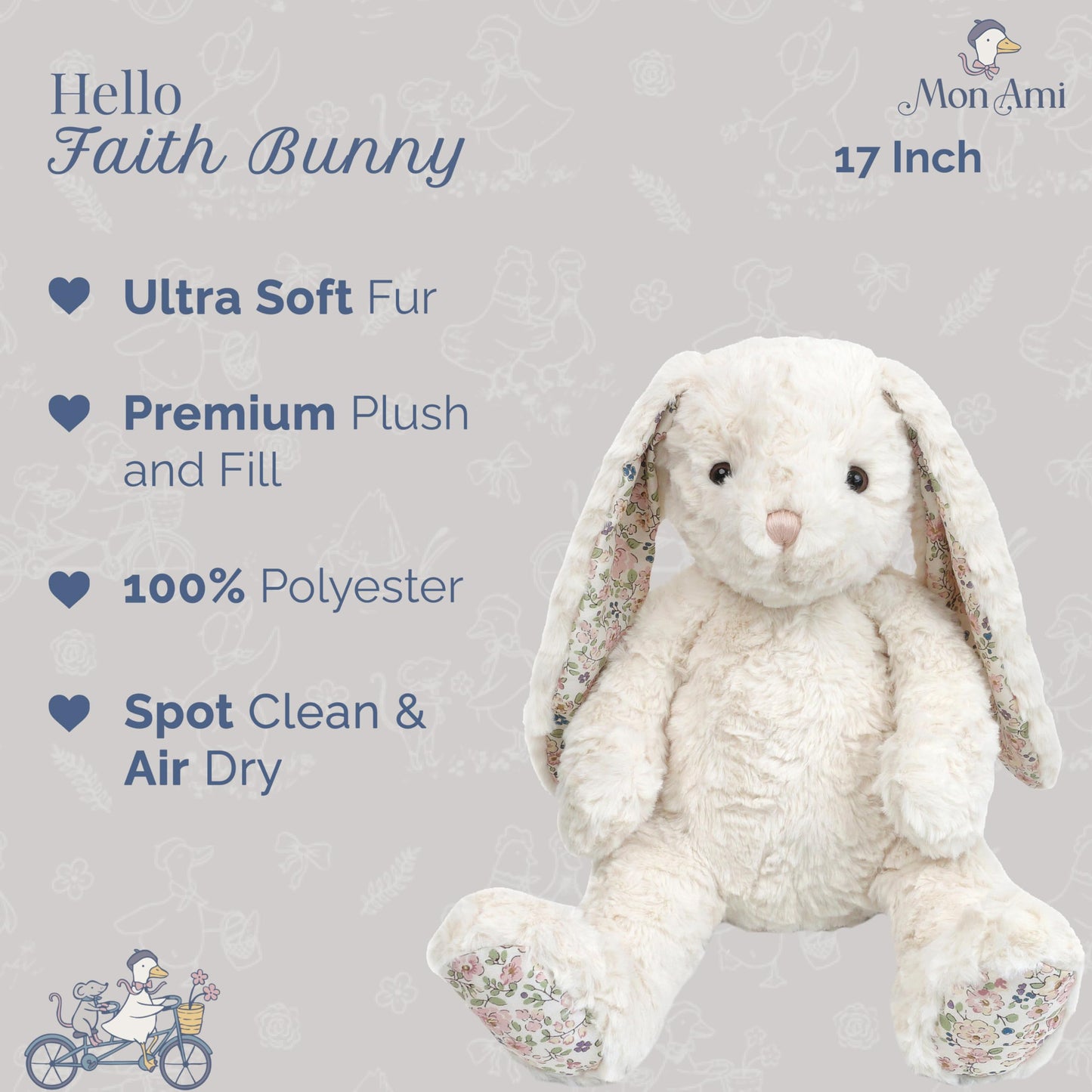 MON AMI Faith Bunny 17-Inch Stuffed Animal, Soft Cream Rabbit Plush Toy