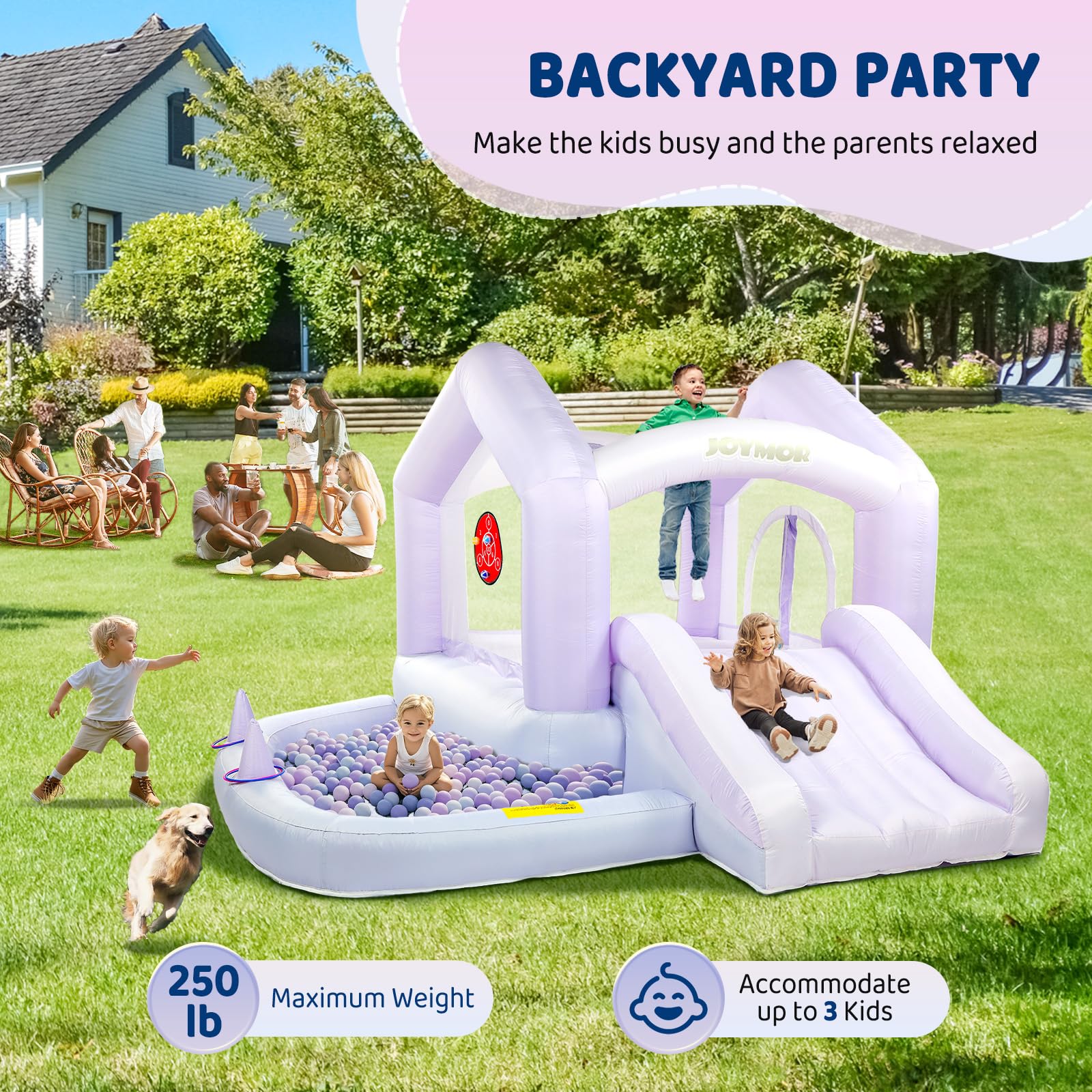 (2026 New) JOYMOR 6 in 1 Grandient Style Inflatable Bounce House for Ages 3-6 w/Ball Pit, Ring-Toss Game, Basketball Hoop and Slide, Bounce House